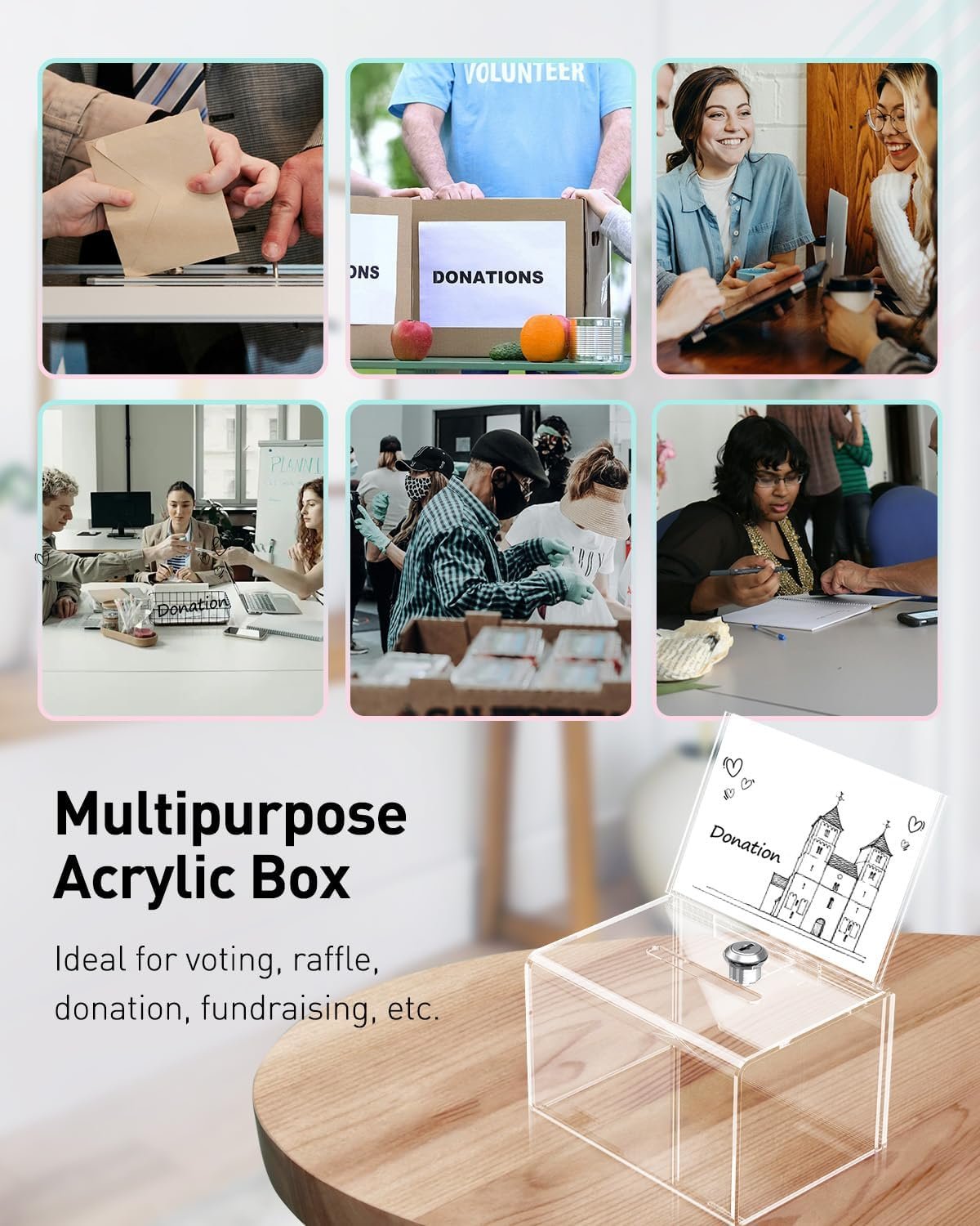 oem odm uniclife acrylic donation box for fundraising, clear suggestion box with slot and lock, ballot box with sign holder, plastic storage container for voting charity tip collection, 6.3