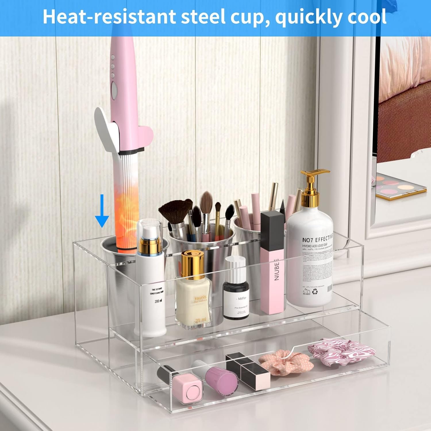 oem odm niubee hair tool organizer, clear acrylic hair dryer and styling organizer with drawer, bathroom countertop blow dryer holder, vanity caddy storage stand for accessories, makeup, toiletries factory & wholesale supplier