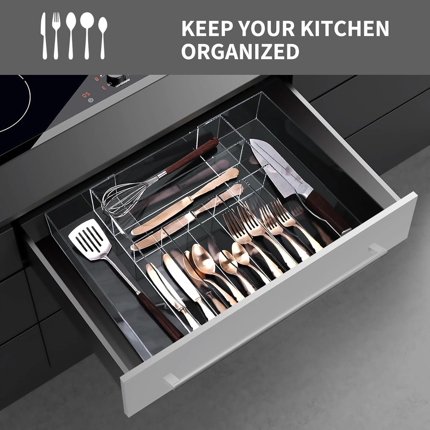 oem odm clear acrylic drawer organizer for kitchen utensils and flatware, adjustable silverware tray with 9 compartments for drawers, office, and bathroom storage factory & wholesale supplier