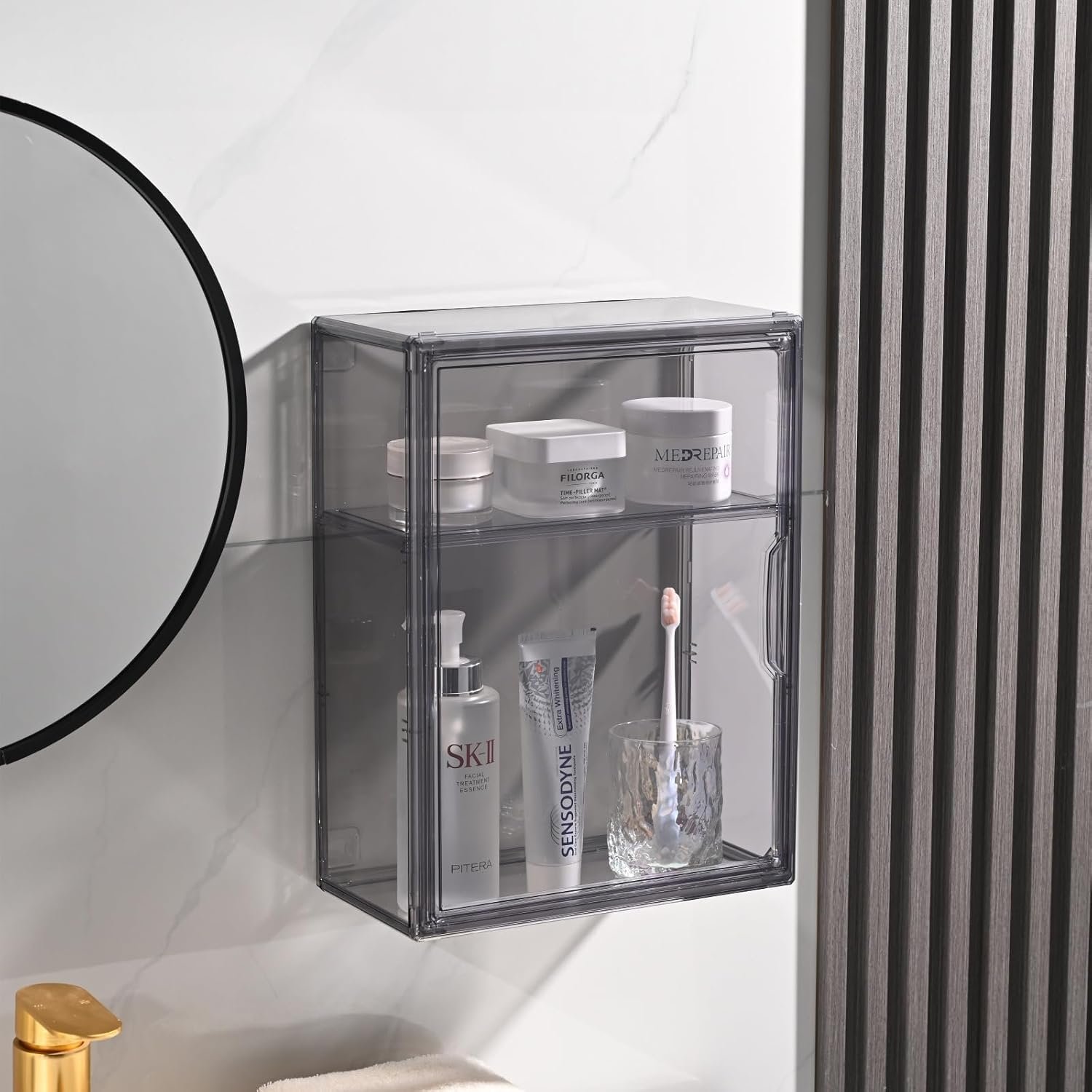 wholesale 3 tiers acrylic display case with 2 division boards, acrylic storage organizers box with magnetic door, wall-mounted dustproof showcase for makeups, purses, figure factory & supplier oem odm