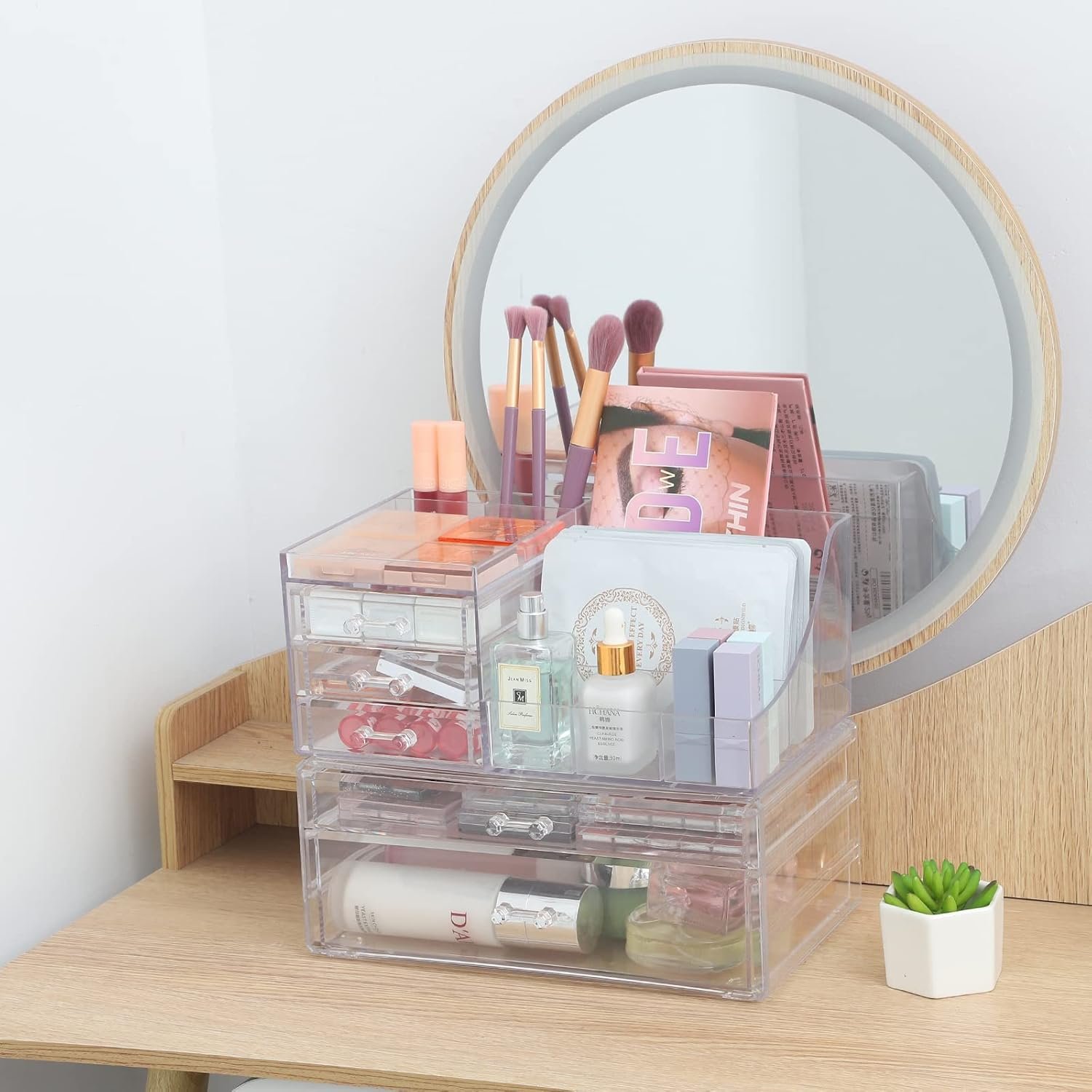oem odm cq acrylic 2 pack clear make up organizers for vanity,stackable 5 drawers make up organizer,cute desk organizer for vanity jewelry,hair clip,beauty,skincare product dresser acrylic drawer organizer factory & wholesale supplier