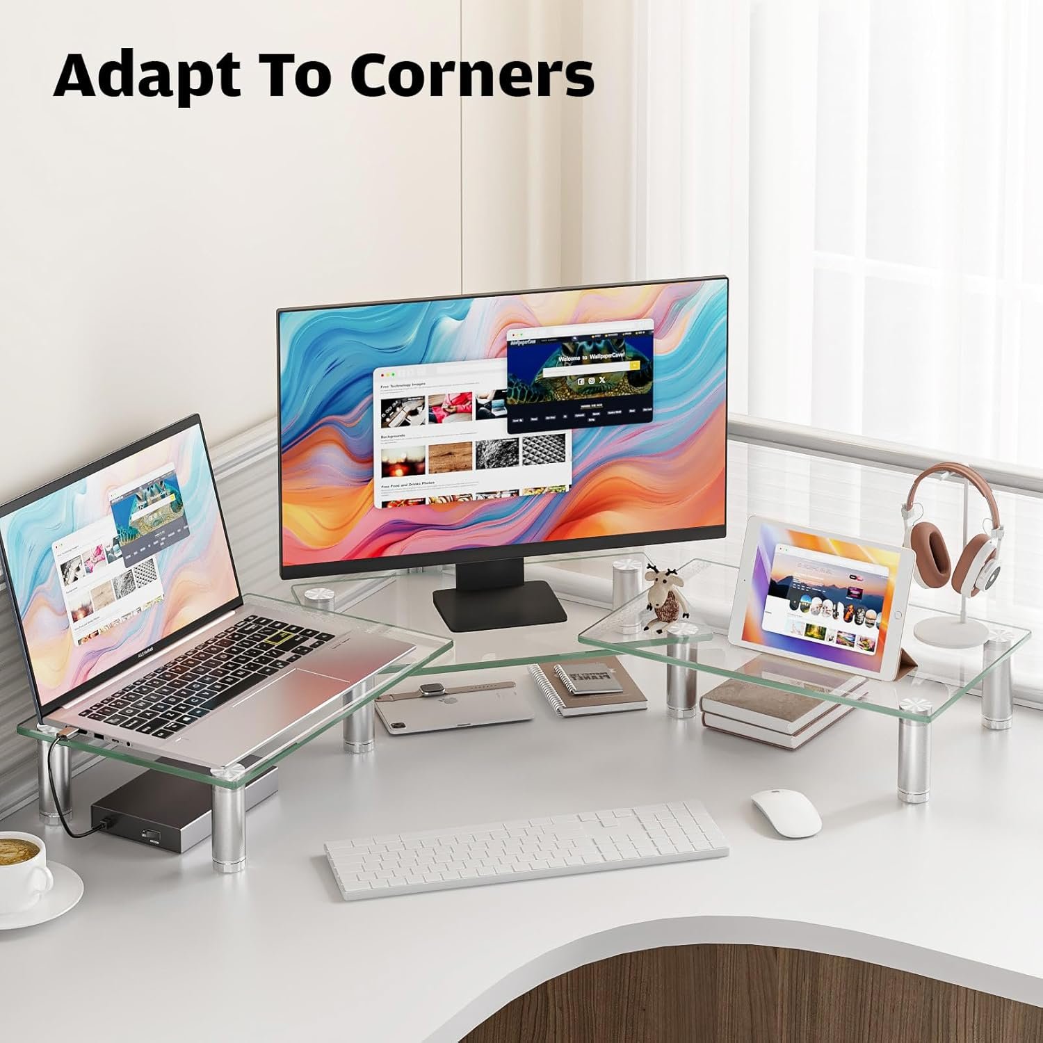oem odm hemudu dual monitor stand -adjustable length and angle dual monitor riser, desktop organizer for pc, computer, laptop (clear) factory & wholesale supplier