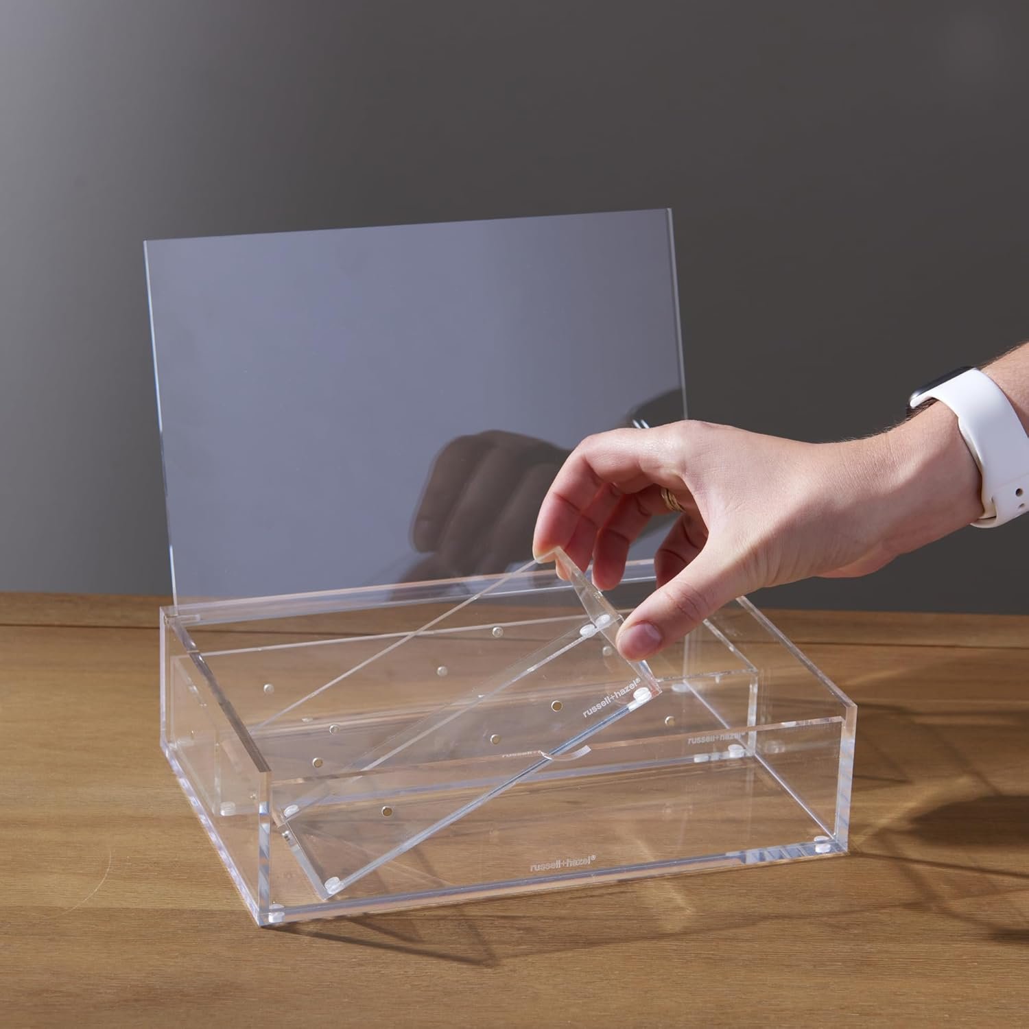 oem odm russell+hazel medium acrylic flip box, 9.5” x 6.5”, desktop organization, clear, 1 count, 98147 factory & wholesale supplier