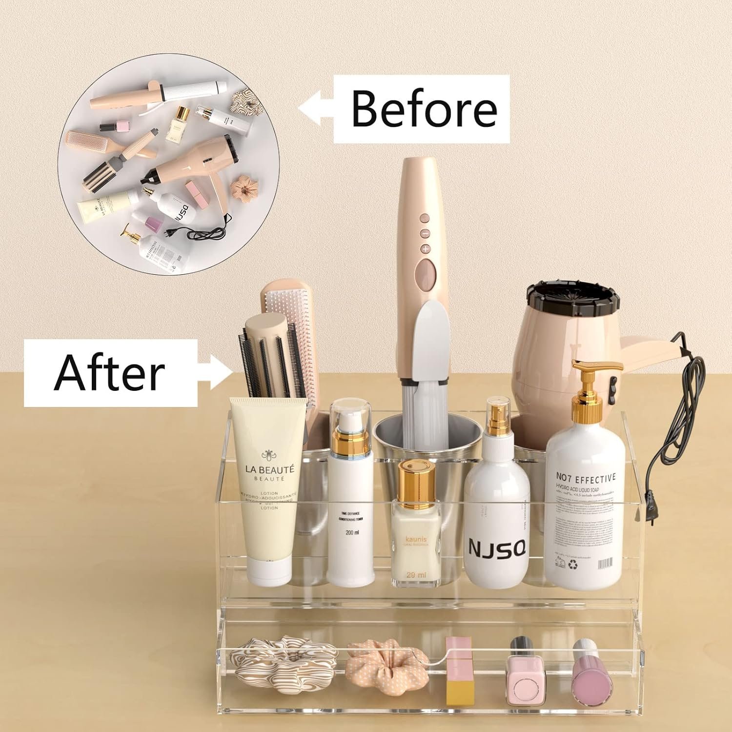 oem odm niubee hair tool organizer, clear acrylic hair dryer and styling organizer with drawer, bathroom countertop blow dryer holder, vanity caddy storage stand for accessories, makeup, toiletries factory & wholesale supplier