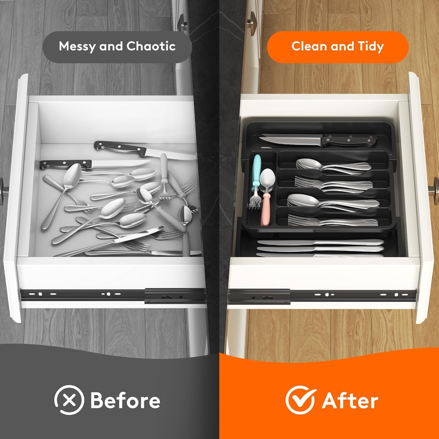 oem odm lifewit small silverware drawer organizer, expandable bpa free utensil tray for kitchen, adjustable flatware and cutlery holder for spoons forks knives, plastic kitchen organizers and storage, black factory & wholesale supplier
