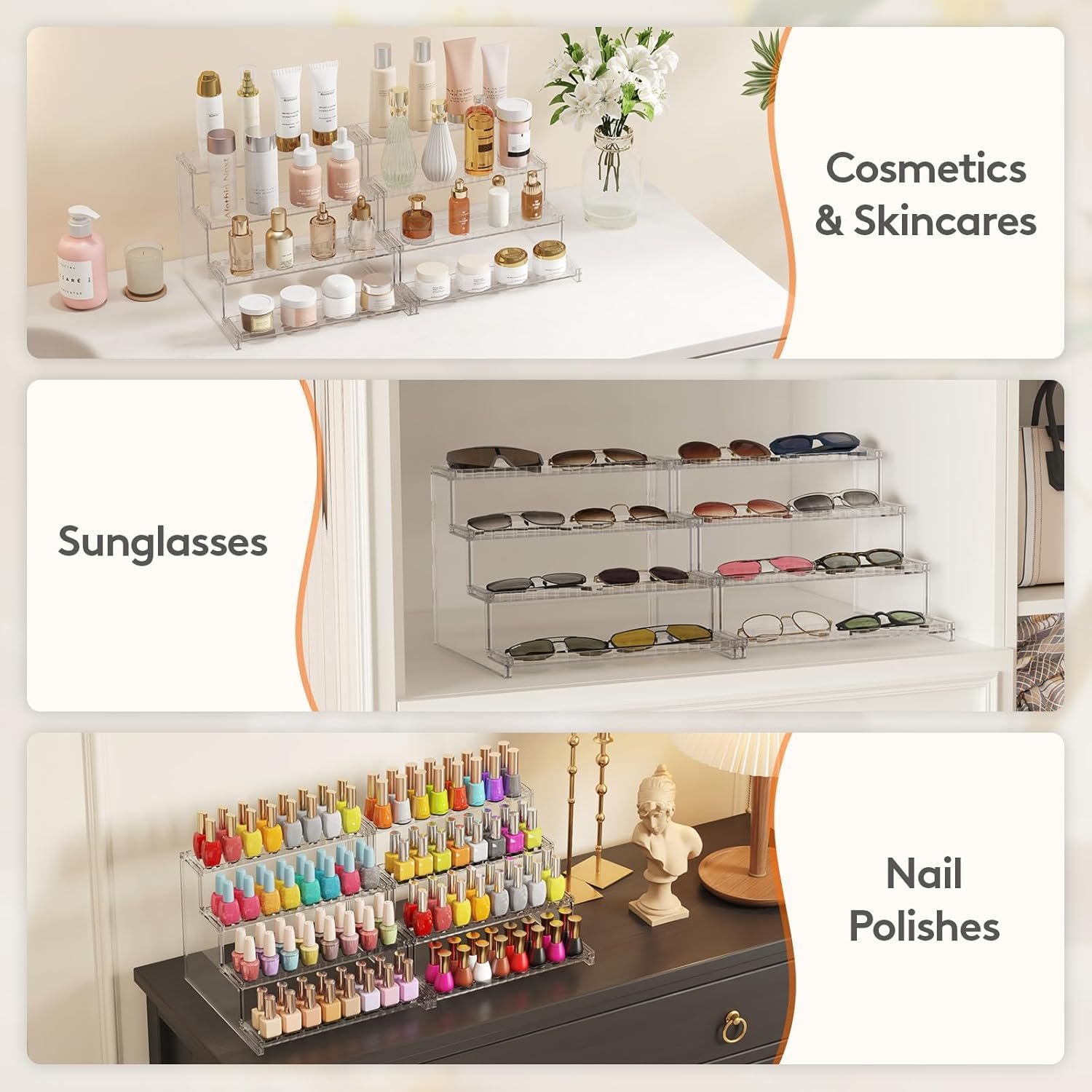 oem odm lifewit 4 tier clear display risers stand with decorative fences, plastic perfume organizer, display for figures, cupcake, dessert, desktop stand for organization and decor, 2 pack, 12inch factory & wholesale supplier