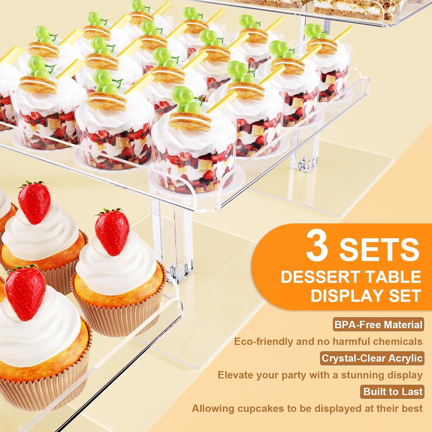 wholesale 3 piece cupcake stand, acrylic dessert table display set, clear square serving trays for birthday, wedding, baby shower factory & supplier oem odm