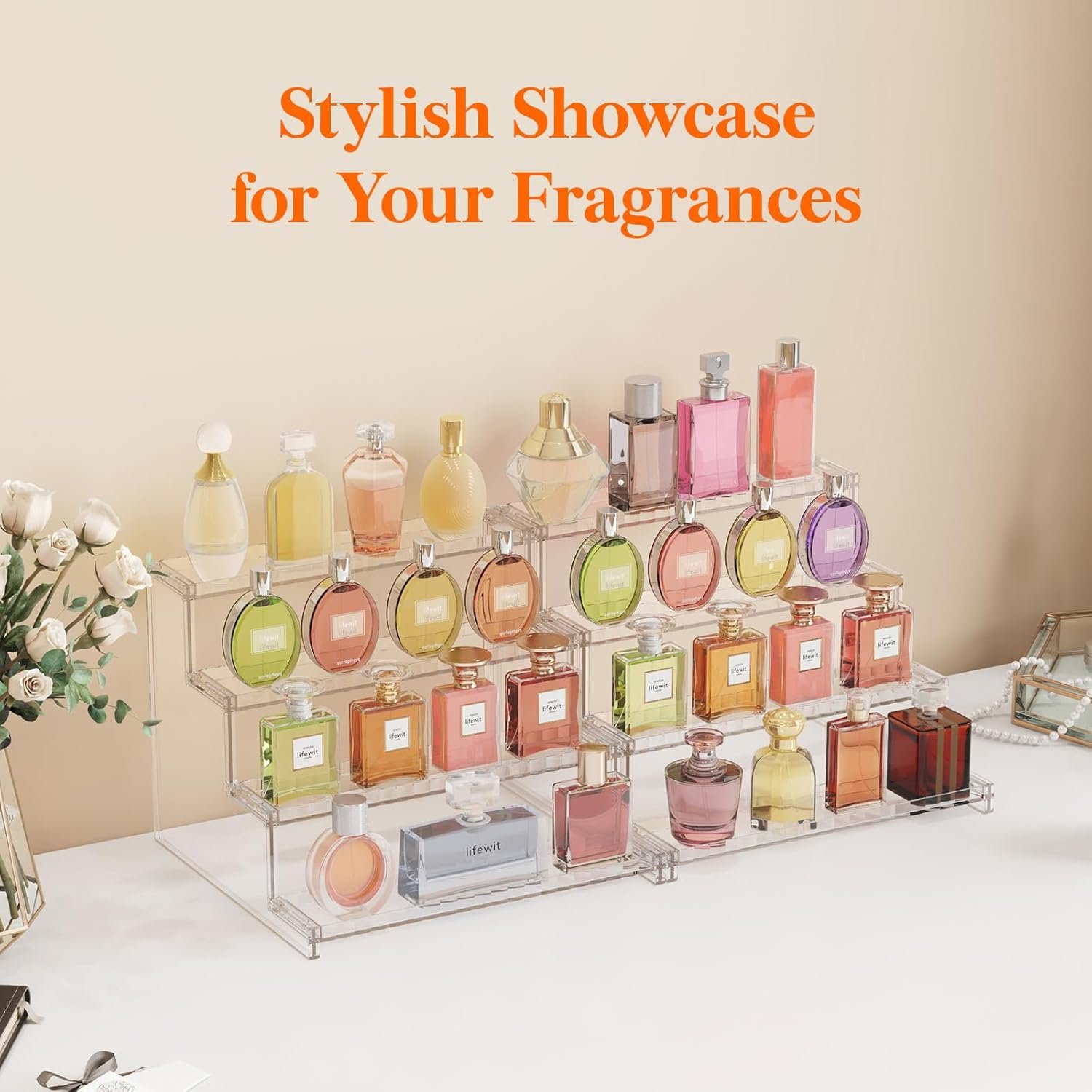 oem odm lifewit 4 tier clear display risers stand with decorative fences, plastic perfume organizer, display for figures, cupcake, dessert, desktop stand for organization and decor, 2 pack, 12inch factory & wholesale supplier