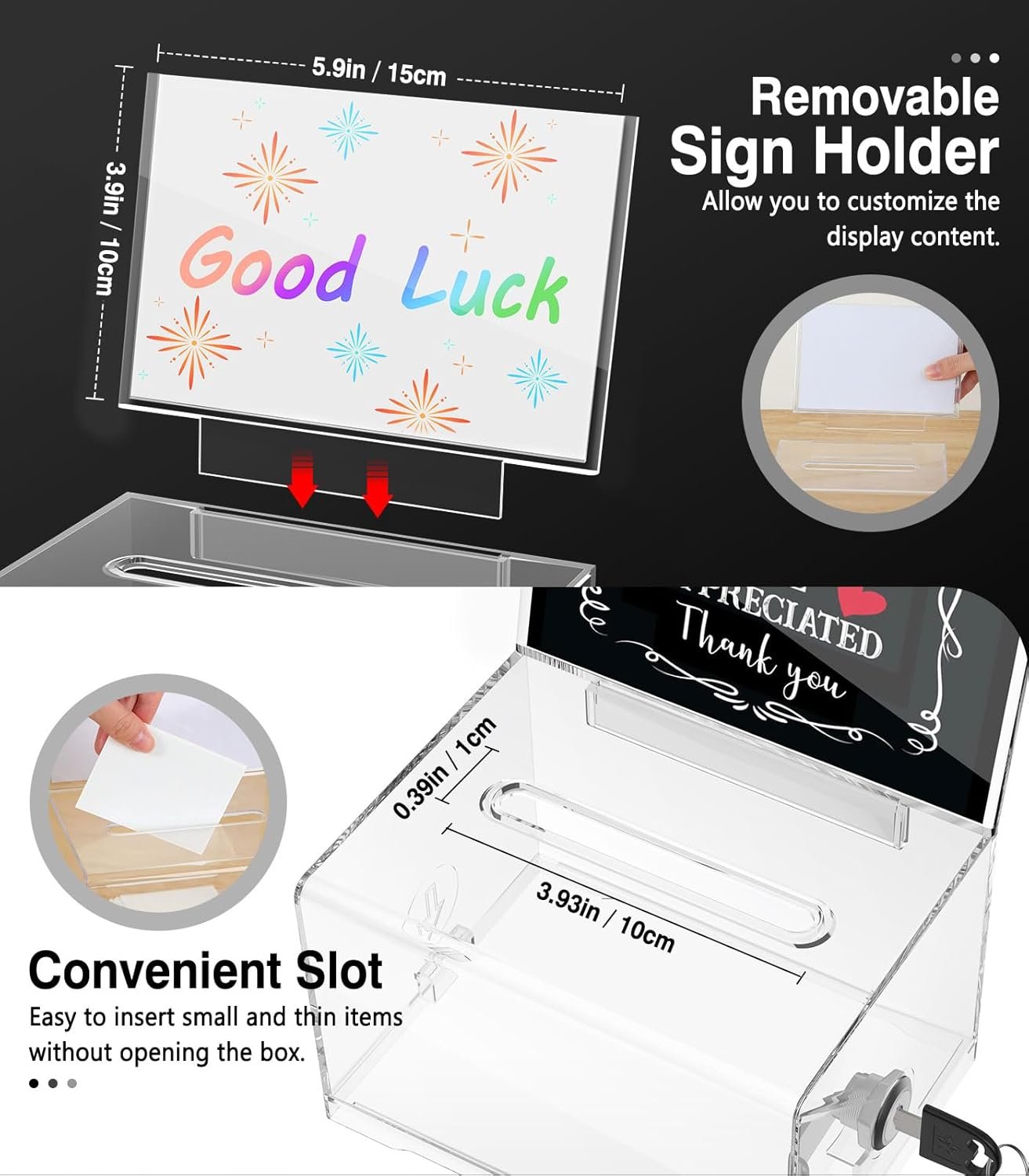 oem odm moko acrylic donation box with lock, clear ballot suggestion box with sign holder for fundraising donation voting collection, raffle, tips jar, 6.2