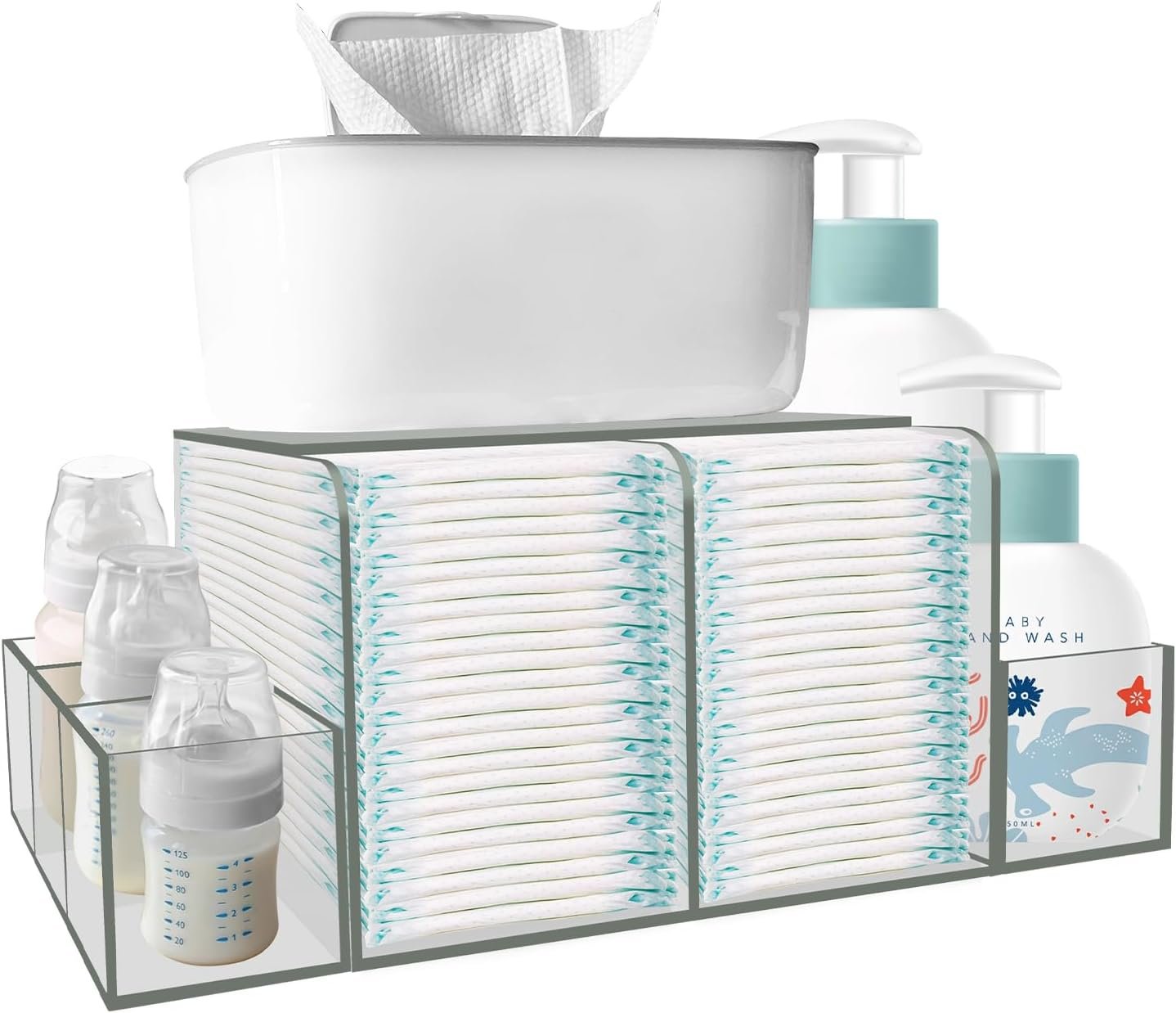 oem odm diaper caddy, baby changing table organizer, detachable clear acrylic diaper storage for wipe dispenser, wipe warmer and other diapering essentials factory & wholesale supplier
