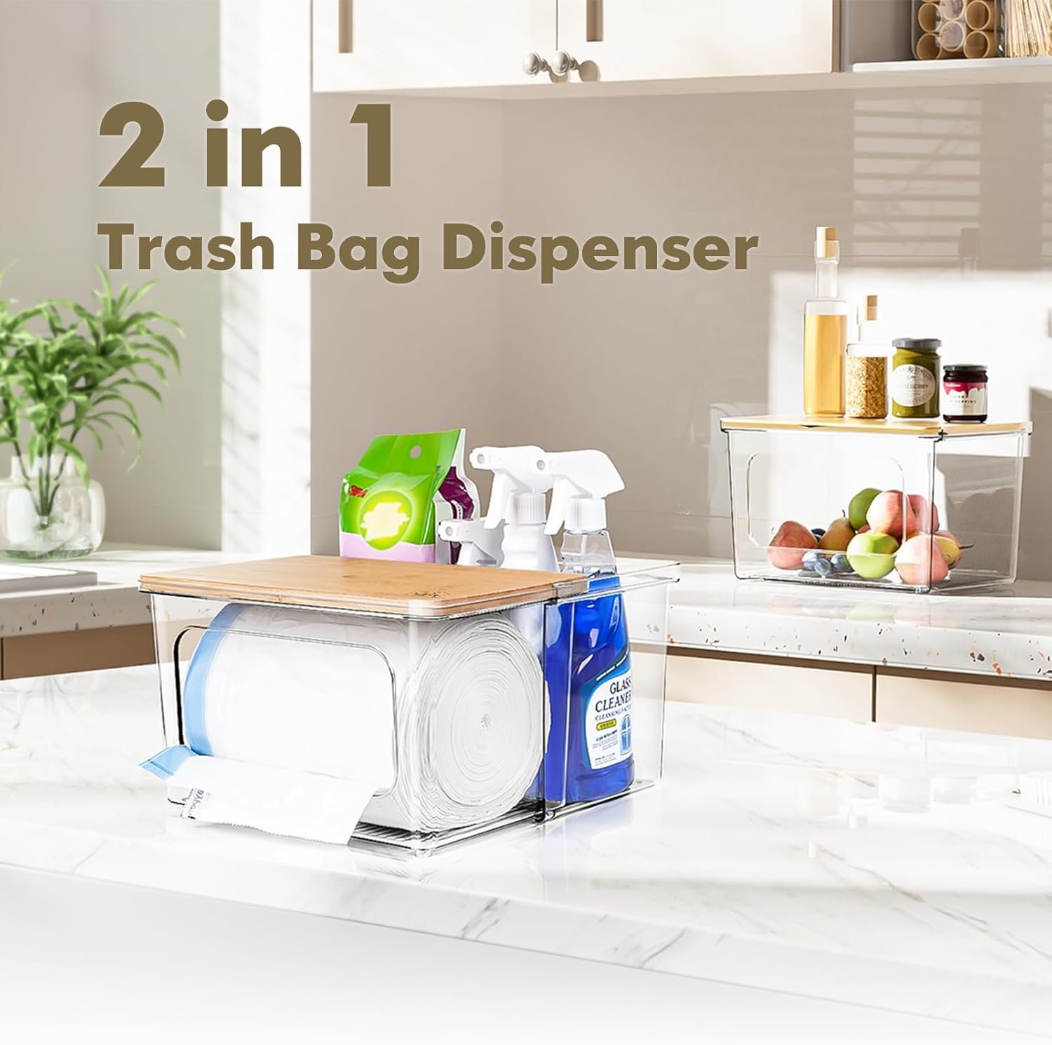 oem odm trash bag dispenser holder - 2 in 1 clear acrylic plastic garbage bags container with bamboo lid storage box for kitchen pantry laundry room organization, large trash bag organizer under sink factory & wholesale supplier