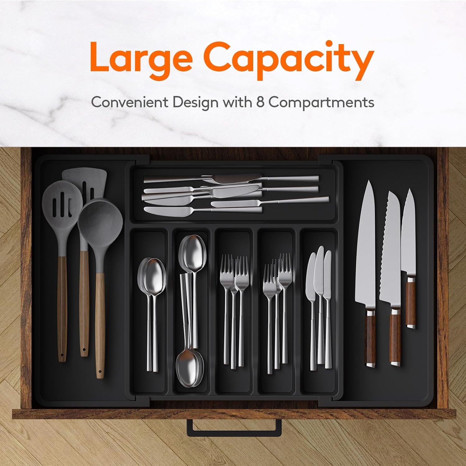 oem odm lifewit large silverware drawer organizer, expandable utensil tray for kitchen, bpa free flatware and cutlery holder, adjustable plastic storage for spoons forks knives, large, black factory & wholesale supplier