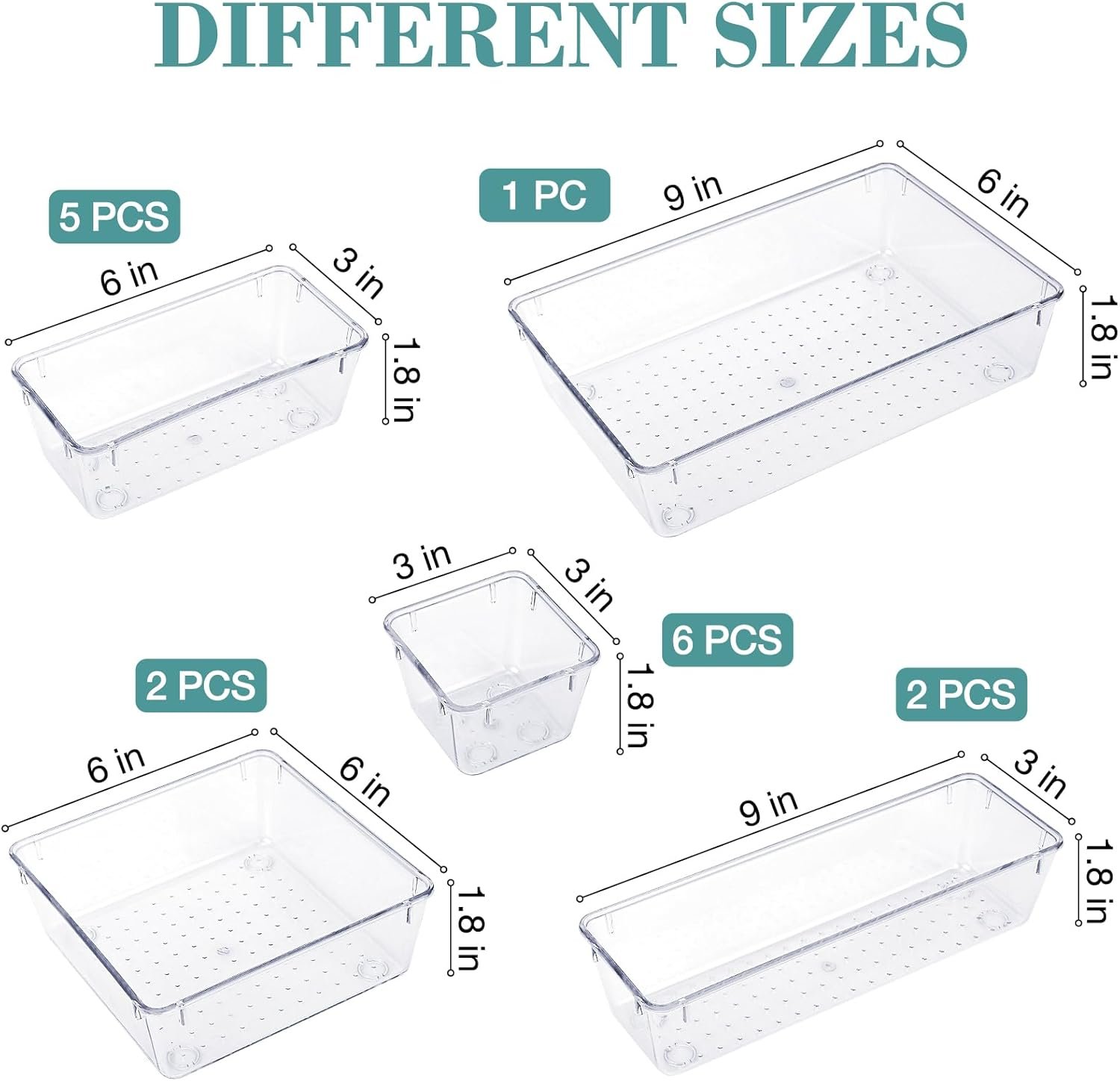 oem odm 16 pcs drawer organizer set, 5 varied size bathroom and kitchen drawer cabinet organizer trays, clear storage bins for makeup, jewelry, utensils and gadgets factory & wholesale supplier