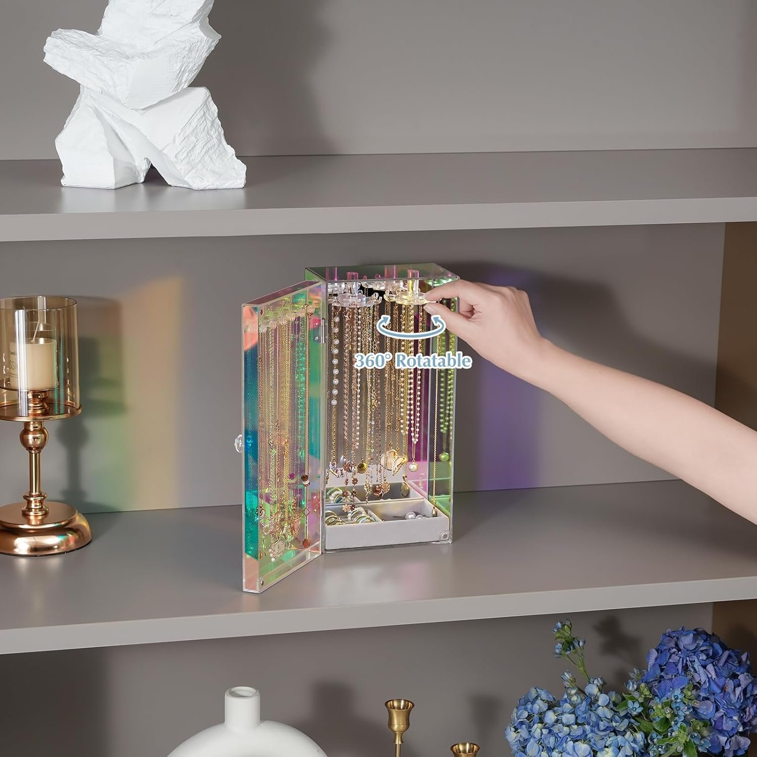 oem odm lolalet necklace holder organizer, acrylic jewelry organizer with 24 hooks, rotating clear necklaces display box with built-in mirror, dust-proof jewelry storage case with velvet tray -lasermirror factory & wholesale supplier