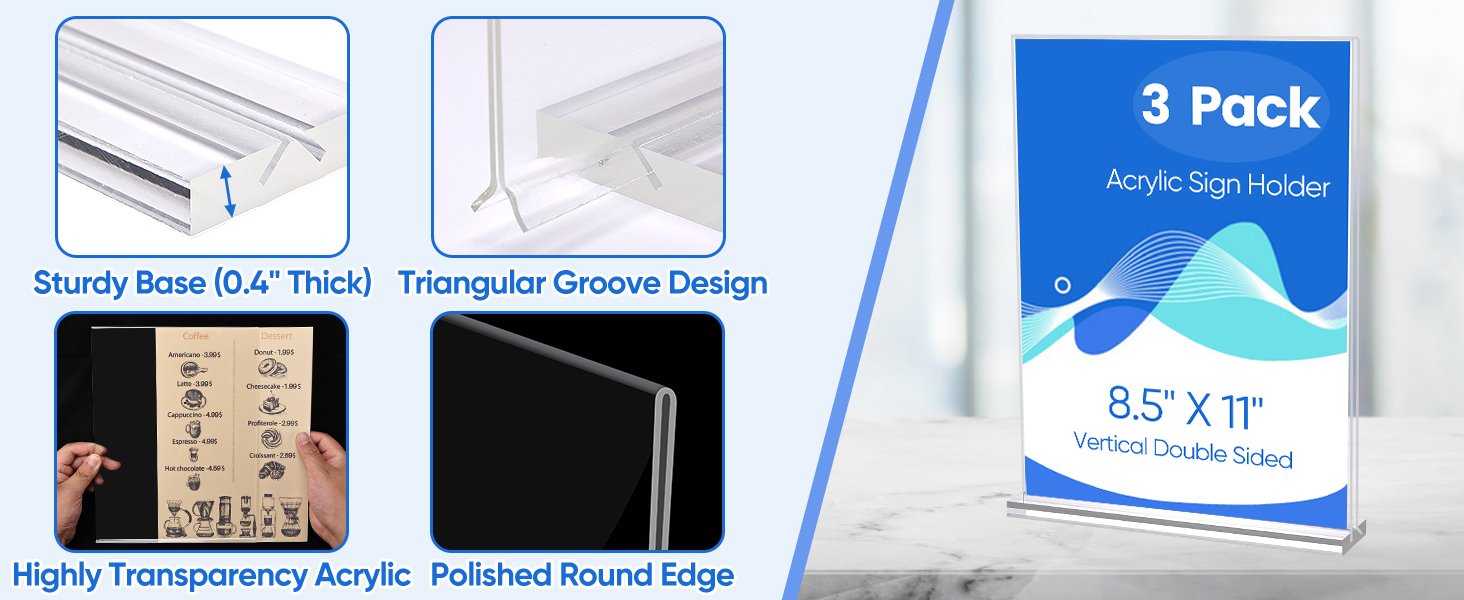wholesale acrylic sign holder 8.5 x 11, 3 pack clear double side t shape acrylic table sign stands for displaying, flyer holder paper card holder for office business store restaurants factory & supplier oem odm