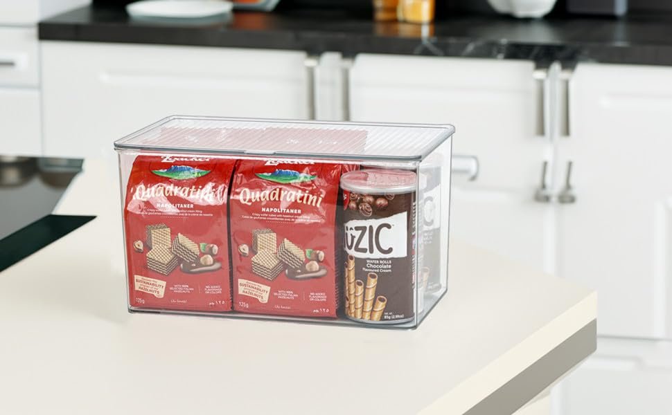 oem odm clear plastic storage bin with lid, organizer for pantry, office, bathroom, kitchen, snack, tea bag, coffee container (large) factory & wholesale supplier
