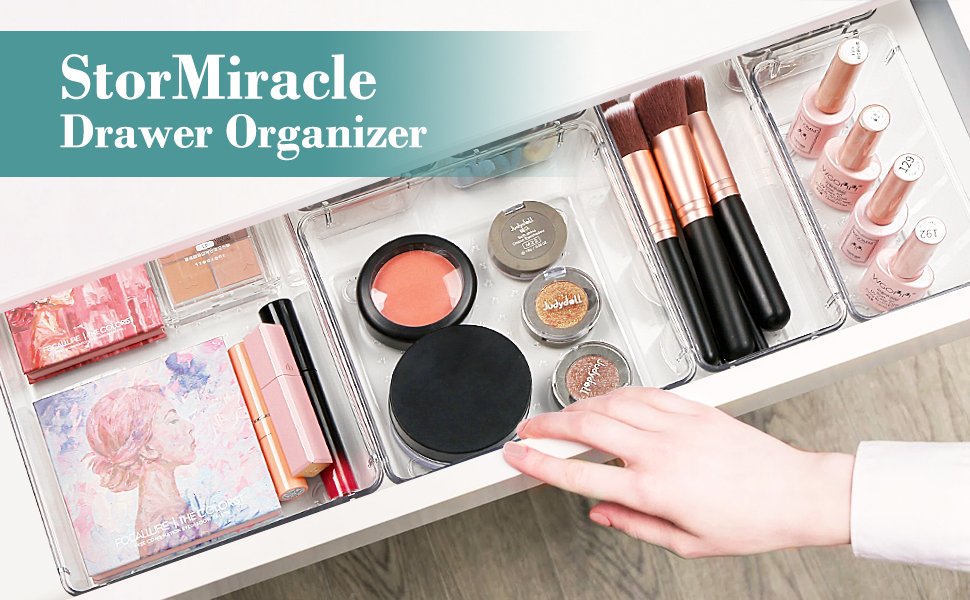 oem odm 16 pcs drawer organizer set, 5 varied size bathroom and kitchen drawer cabinet organizer trays, clear storage bins for makeup, jewelry, utensils and gadgets factory & wholesale supplier