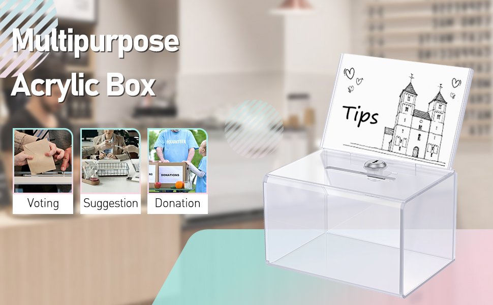 oem odm uniclife acrylic donation box for fundraising, clear suggestion box with slot and lock, ballot box with sign holder, plastic storage container for voting charity tip collection, 6.3