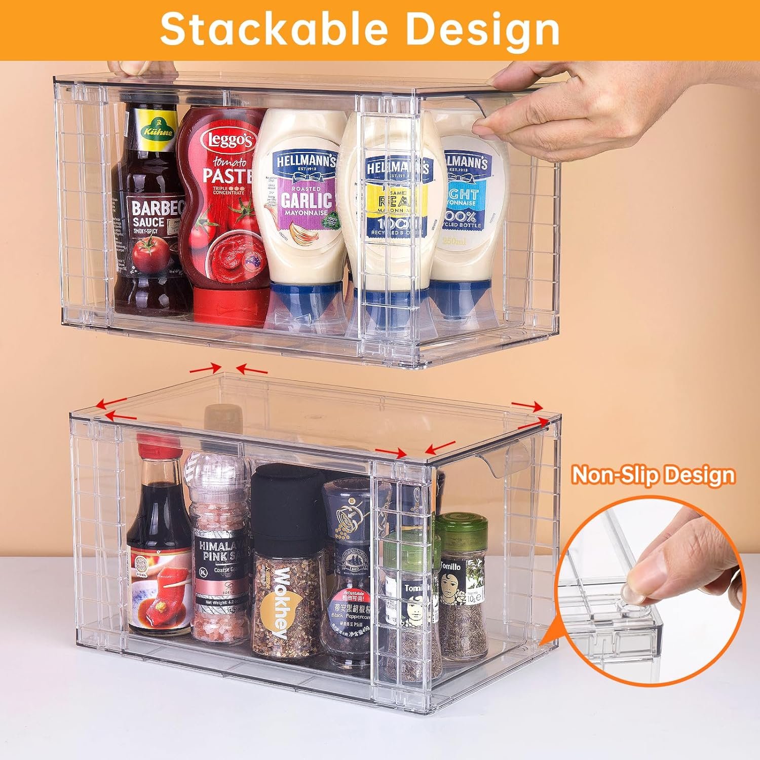oem odm 2pack large stackable kitchen storage drawers, clear foods organizer bins with handles, easily assemble for bathroom, kitchen, pantry, cabinet, closet(xl-up handle) factory & wholesale supplier