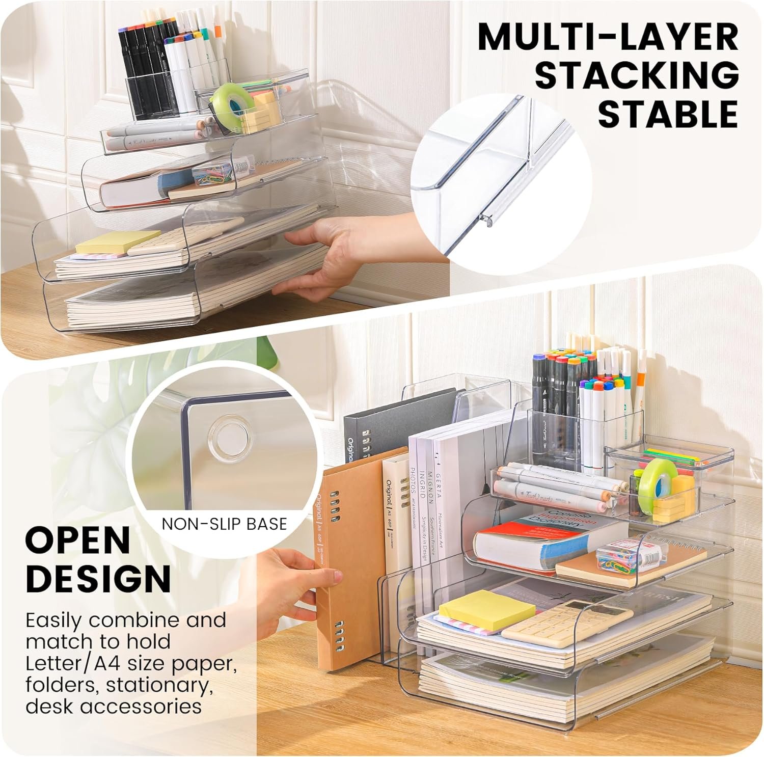 oem odm desk organizer with 2 vertical file holder, 4 tier stackable paper letter tray file organizer with 5-compartments pen holder, clear desktop organizer office organization and storage factory & wholesale supplier