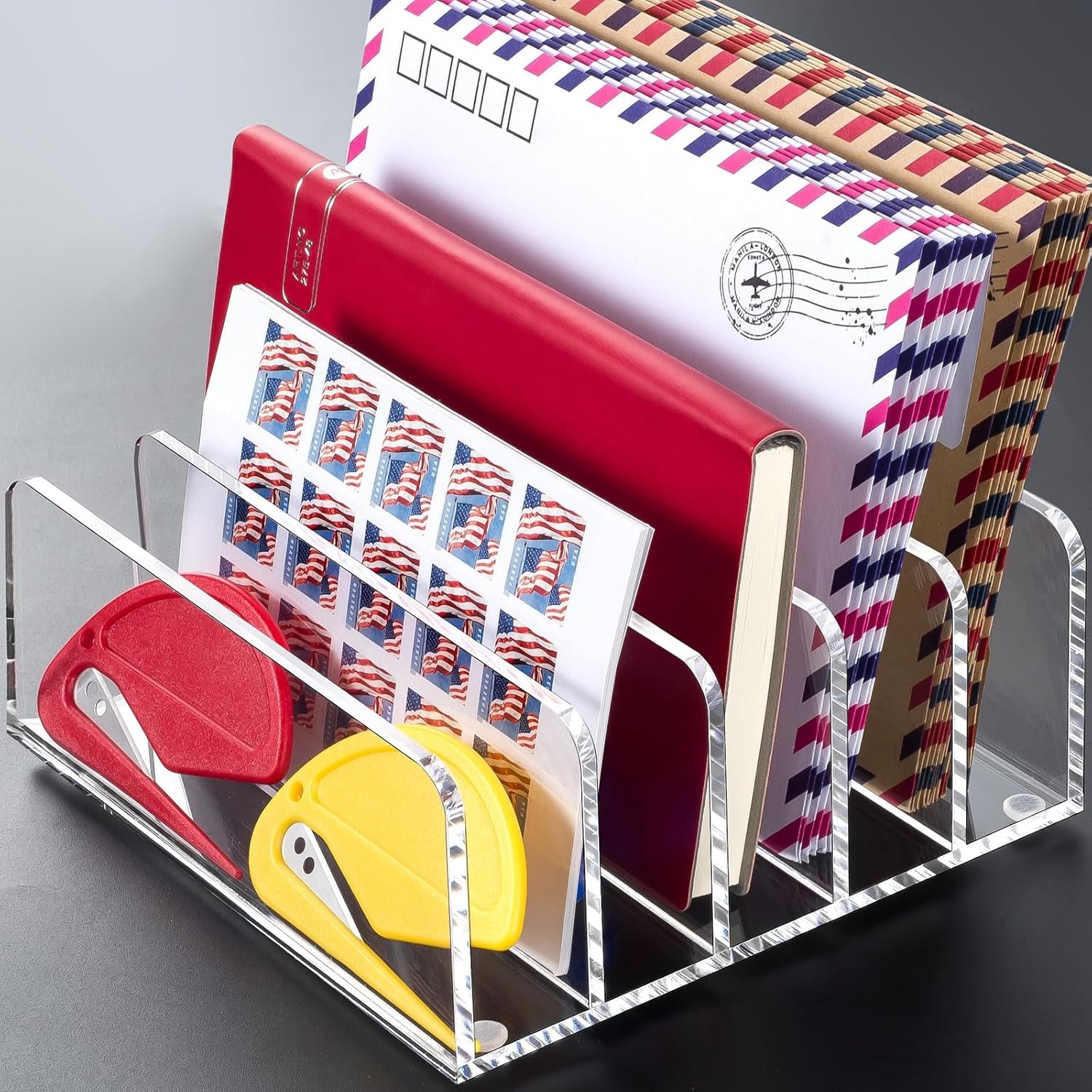 oem odm beygorm acrylic mail holder, clear desk organizer with divider, vertical letter sorter for desktop, 5 compartments modern office home envelope organizer for bill, document, notebook factory & wholesale supplier