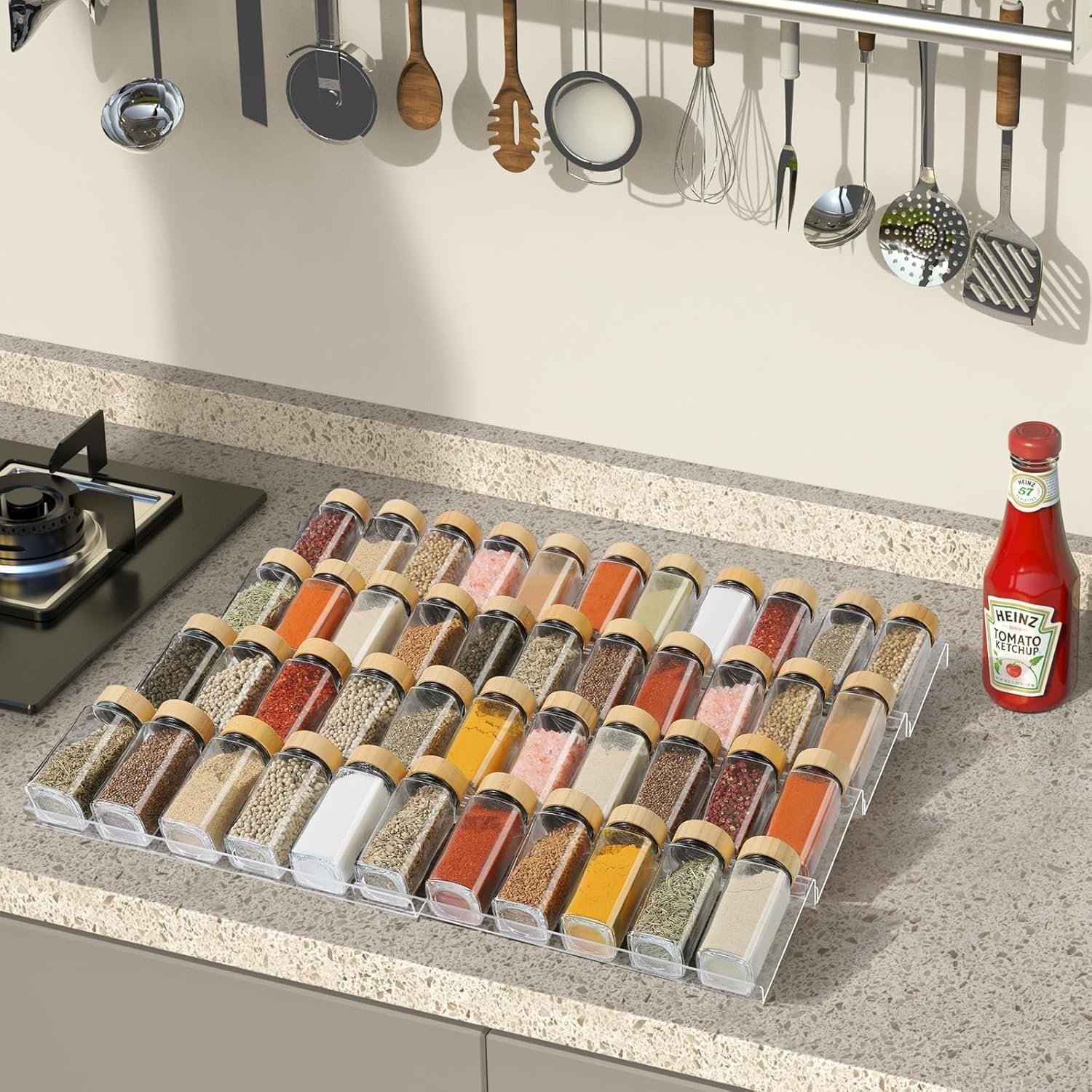 oem odm spice drawer organizer 4 tier, acrylic seasoning organizer rack, clear spice rack tray, kitchen seasoning jars drawers insert (jars not included/ expandable from 9