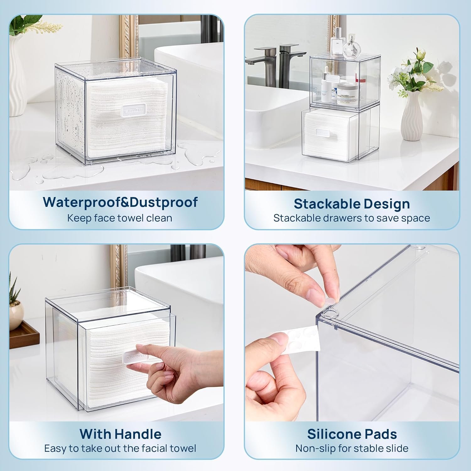oem odm vtopmart disposable facial towels storage drawer compatible with clean skin club towel xl,acrylic box hold 50 count,stylish and functional bathroom accessory for coutertop organization factory & wholesale supplier