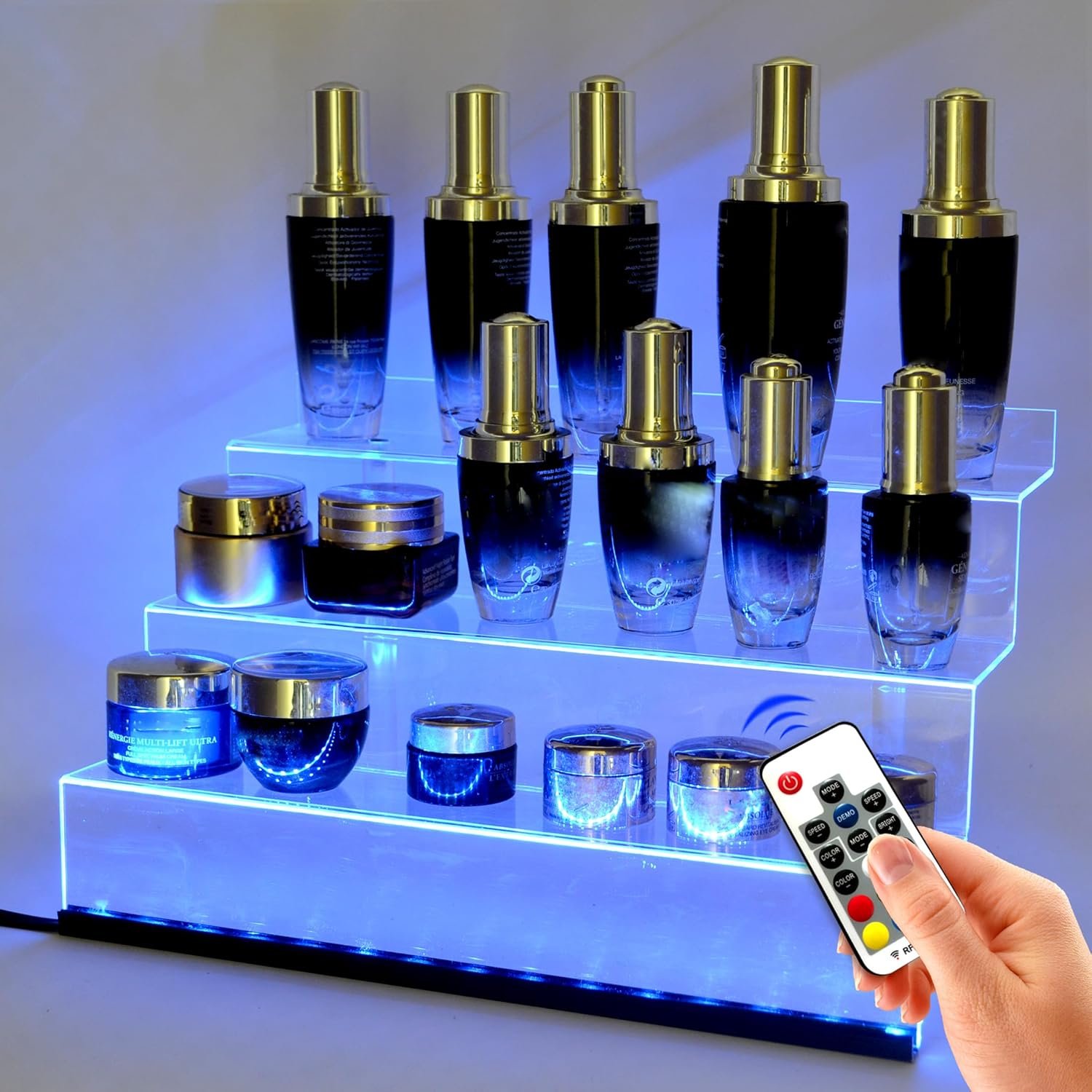 wholesale 12 in clear acrylic display riser shelf with led light,3 tier display step shelves holder, perfume cologne organizer holder,pops toys figures, clear cupcake riser, dessert shelf, decoration on factory & supplier oem odm