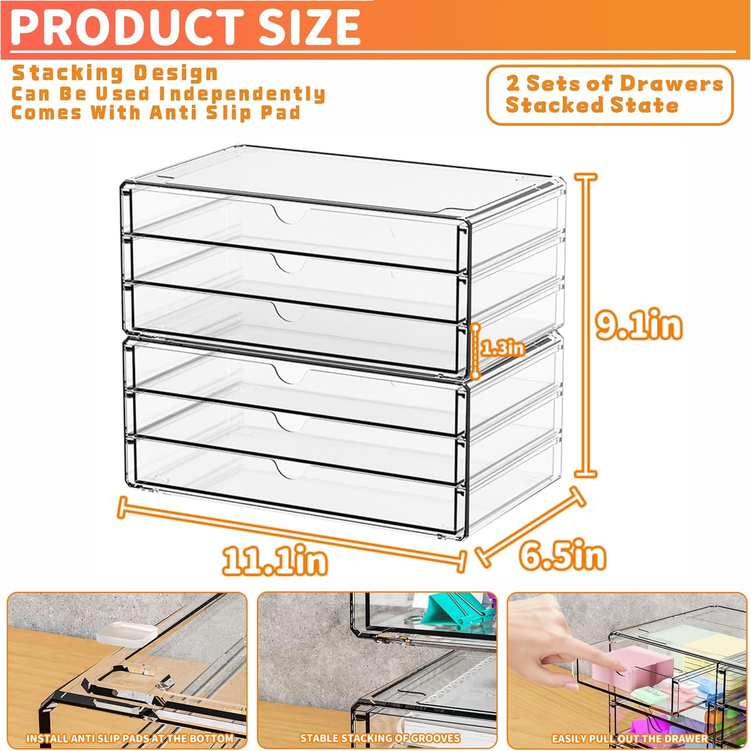 oem odm yieach 2 pack acrylic storage drawers with 6 drawers,stackable desk organizer and makeup organizer,large clear office supplies organizer for pen,stationary,palettes,arts craft organizers and storage factory & wholesale supplier