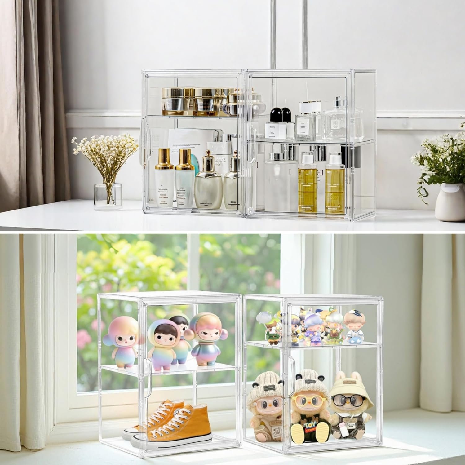 wholesale acrylic display case for collectibles, clear storage bin with 3 adjustable layers and1 removable divider, stackable clear storage box with magnetic door for figures, home or office,large,2pack factory & supplier oem odm