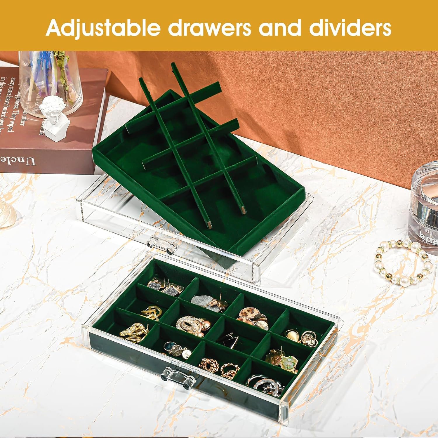 oem odm procase earring holder organizer jewelry box with 5 drawers, acrylic clear earring case with adjustable velvet trays for women - emerald, 5 layers factory & wholesale supplier