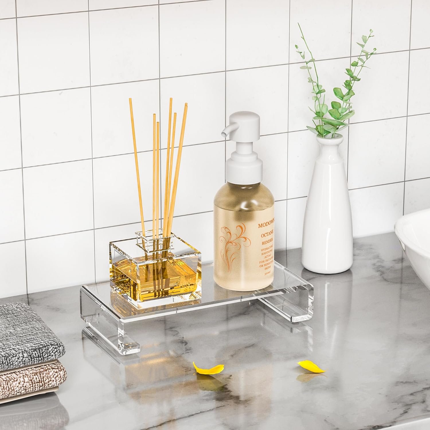oem odm acrylic tray pedestal stand bathroom décor, crystal clear display risers kitchen resist dirt and moisture, soap dish holder for counter, sink, vanity, 8.66'' x 3.9'' factory & wholesale supplier