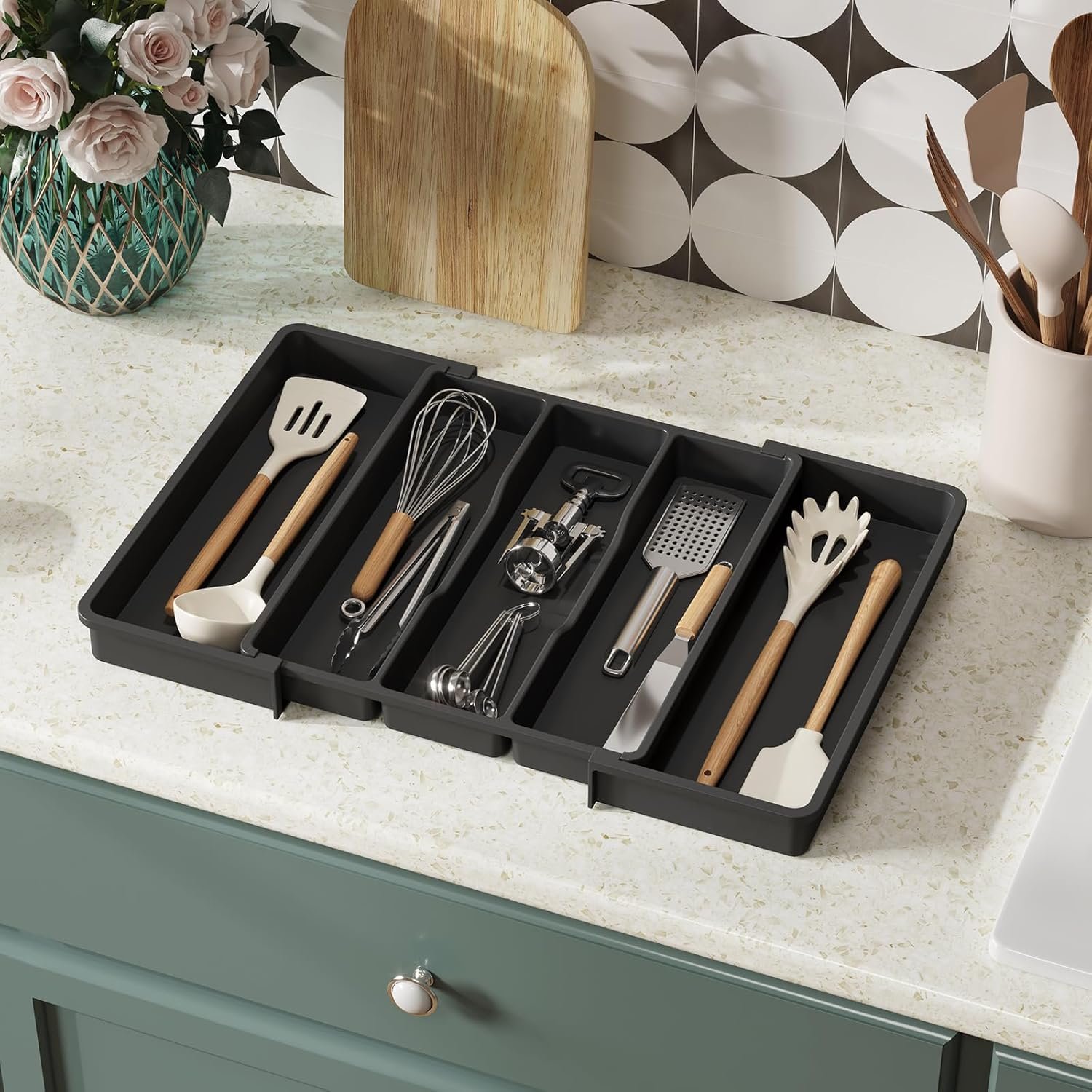 oem odm lifewit utensil organizer for kitchen drawers, expandable cooking utensil tray, adjustable cutlery silverware flatware holder, plastic kitchen spatula tools and gadgets storage divider, large, black factory & wholesale supplier