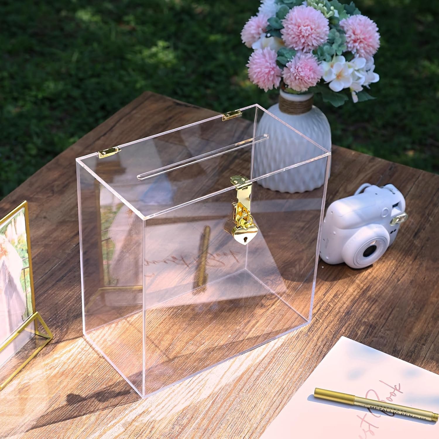 oem odm uniqooo modern clear acrylic card box with gold heart lock, customize thick blank wedding box no print w/slot, large 10x10x5.5 in, for reception decoration fundraiser wishing well box election ballot factory & wholesale supplier