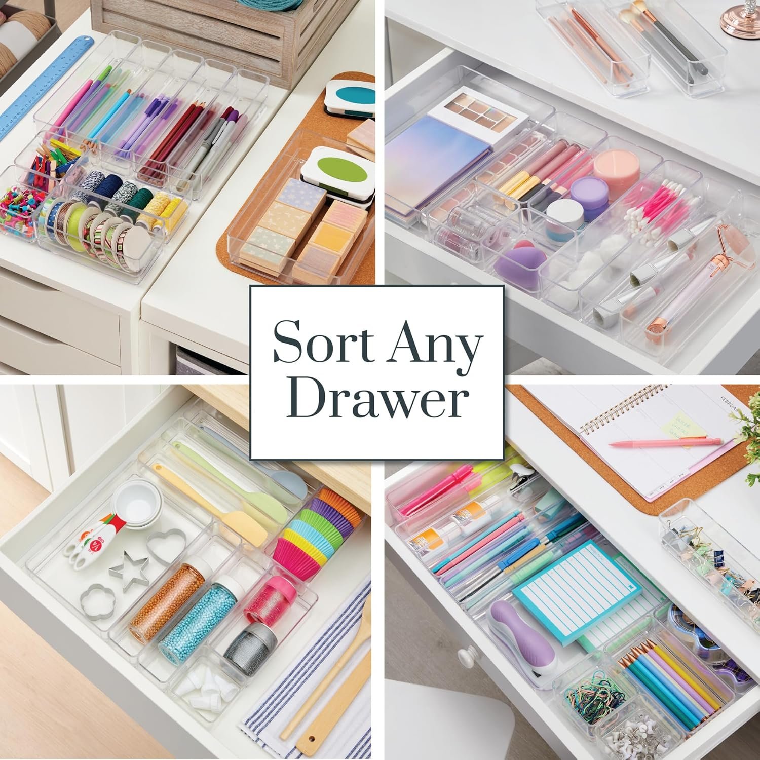 oem odm stori simplesort 10-piece stackable clear drawer organizer set | multi-size trays | makeup vanity storage bins and office desk drawer dividers | made in usa factory & wholesale supplier
