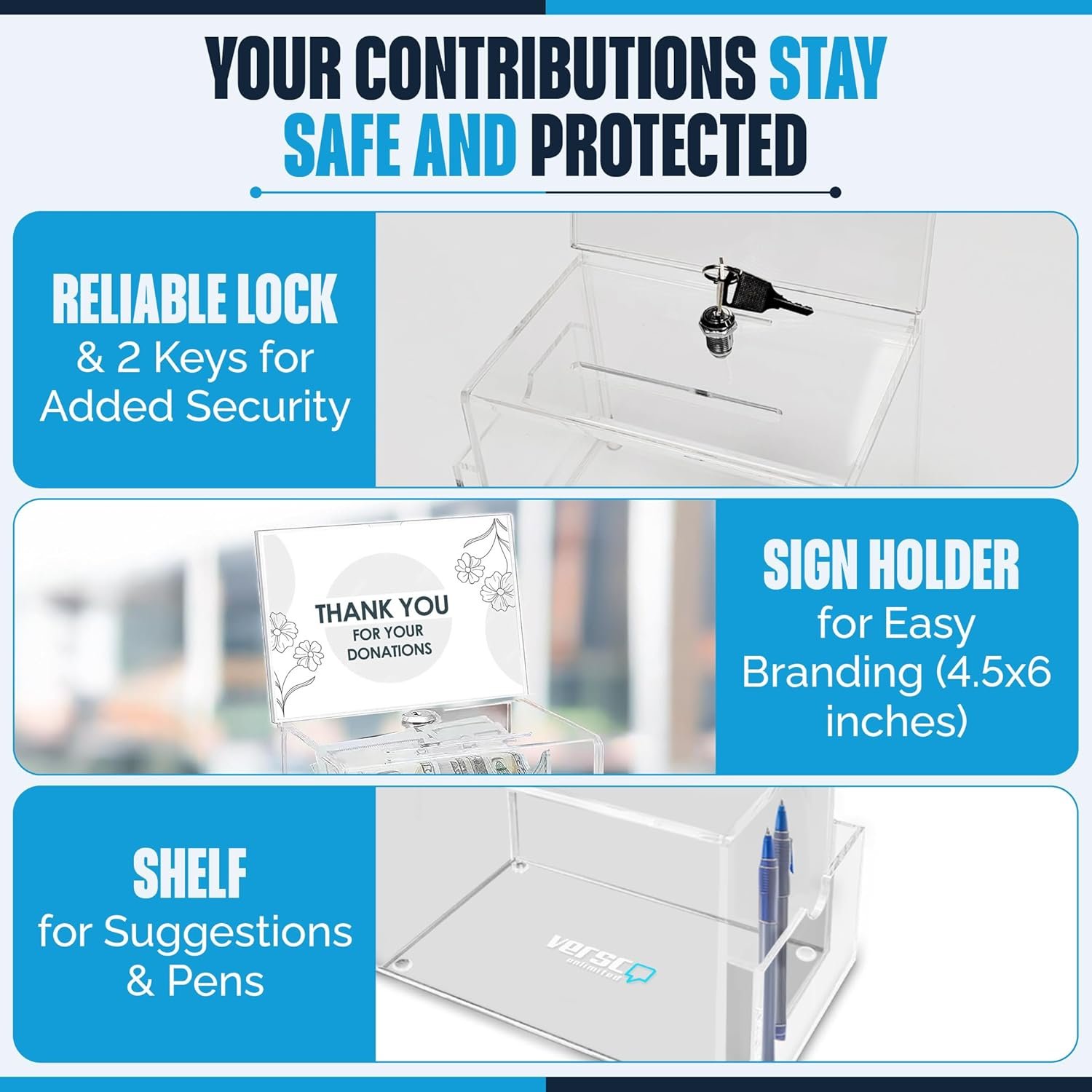 oem odm modern clear acrylic donation box with lock, shelf and sign holder - 6.3x4x4.2 inch lockable fundraising, tip, and ballot box factory & wholesale supplier