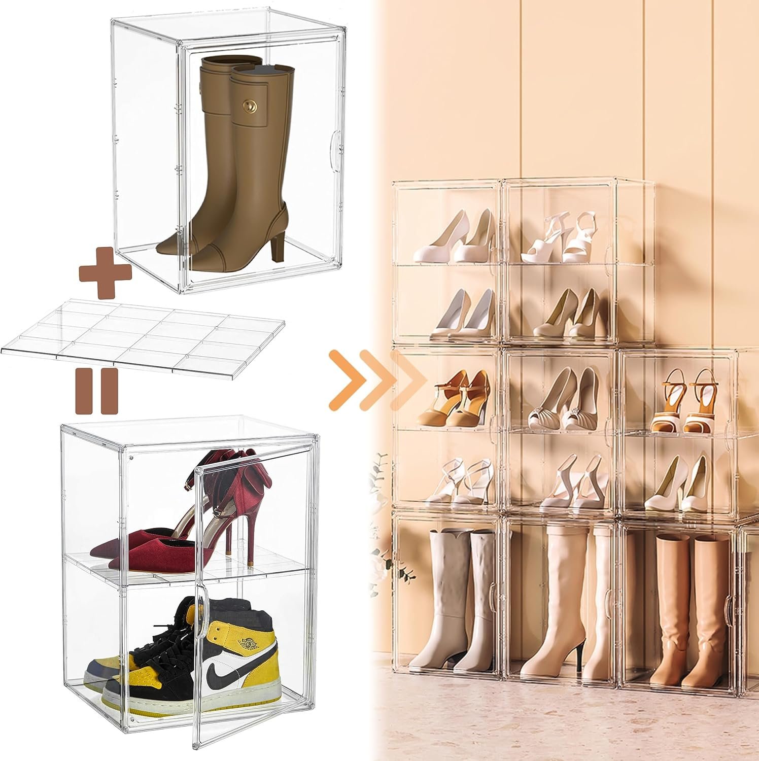 oem odm xxx-large clear acrylic display case boot shoe storage boxes with an adjustable divider,2 pack 2 tiers clear plastic stackable storage bins with lids big display acrylic box with magnetic door factory & wholesale supplier