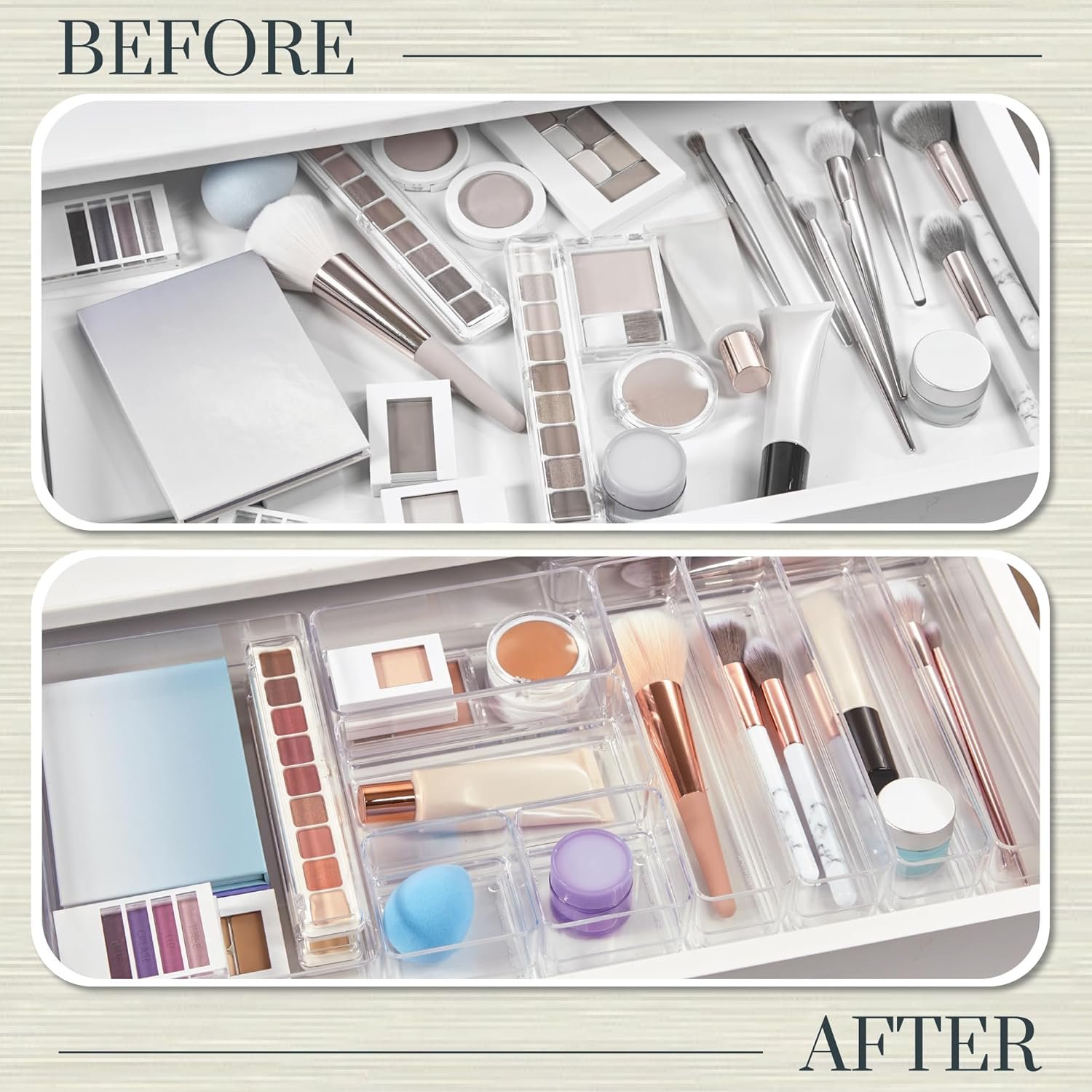 oem odm stori simplesort 10-piece stackable clear drawer organizer set | multi-size trays | makeup vanity storage bins and office desk drawer dividers | made in usa factory & wholesale supplier