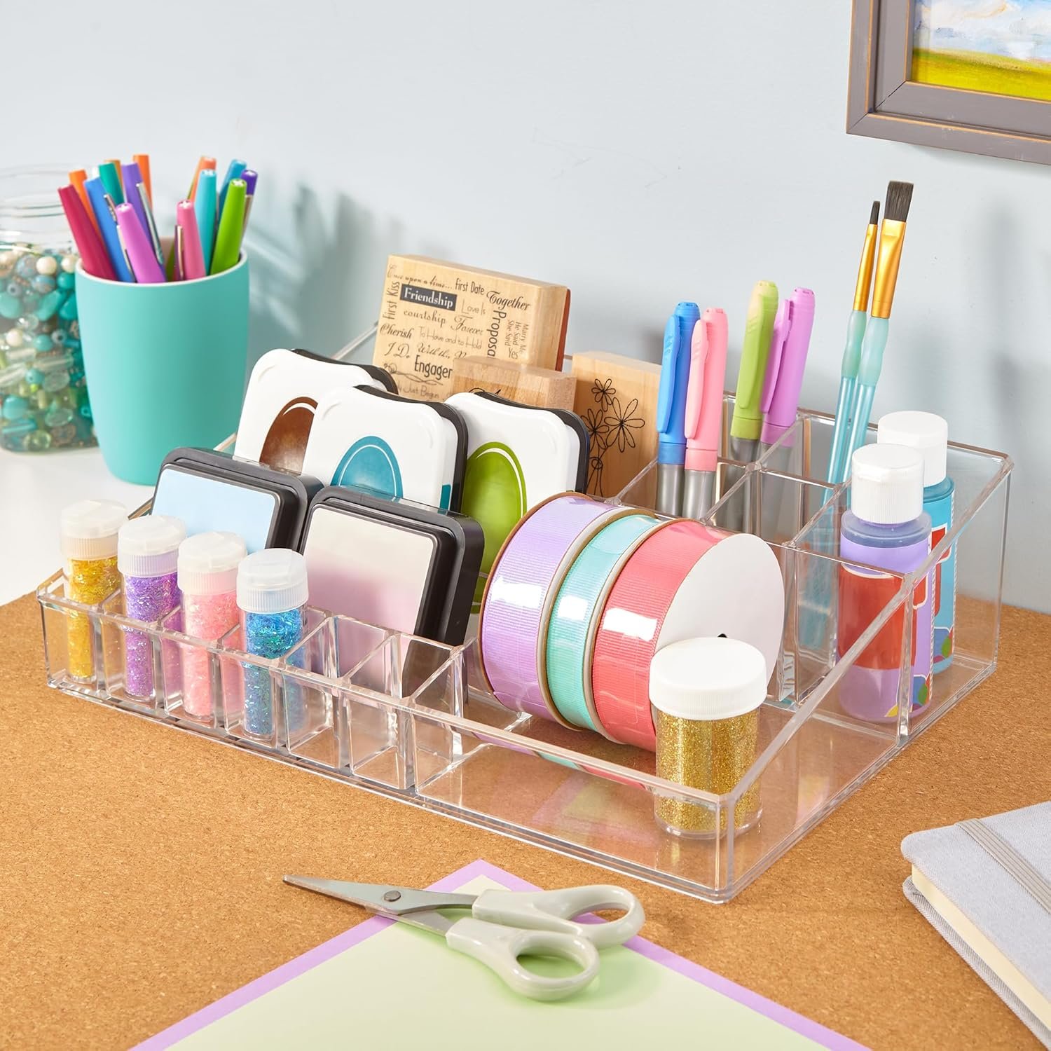oem odm stori audrey clear vanity makeup organizer | 15-compartment holder for brushes, eyeshadow palettes, & beauty supplies | stacks on audrey storage drawers | made in usa factory & wholesale supplier