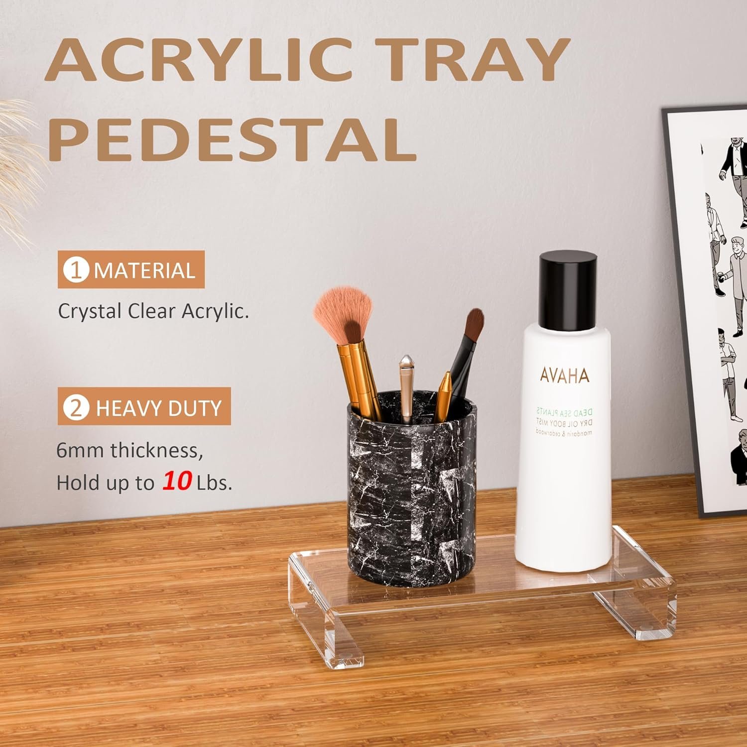 oem odm acrylic tray pedestal stand bathroom décor, crystal clear display risers kitchen resist dirt and moisture, soap dish holder for counter, sink, vanity, 8.66'' x 3.9'' factory & wholesale supplier