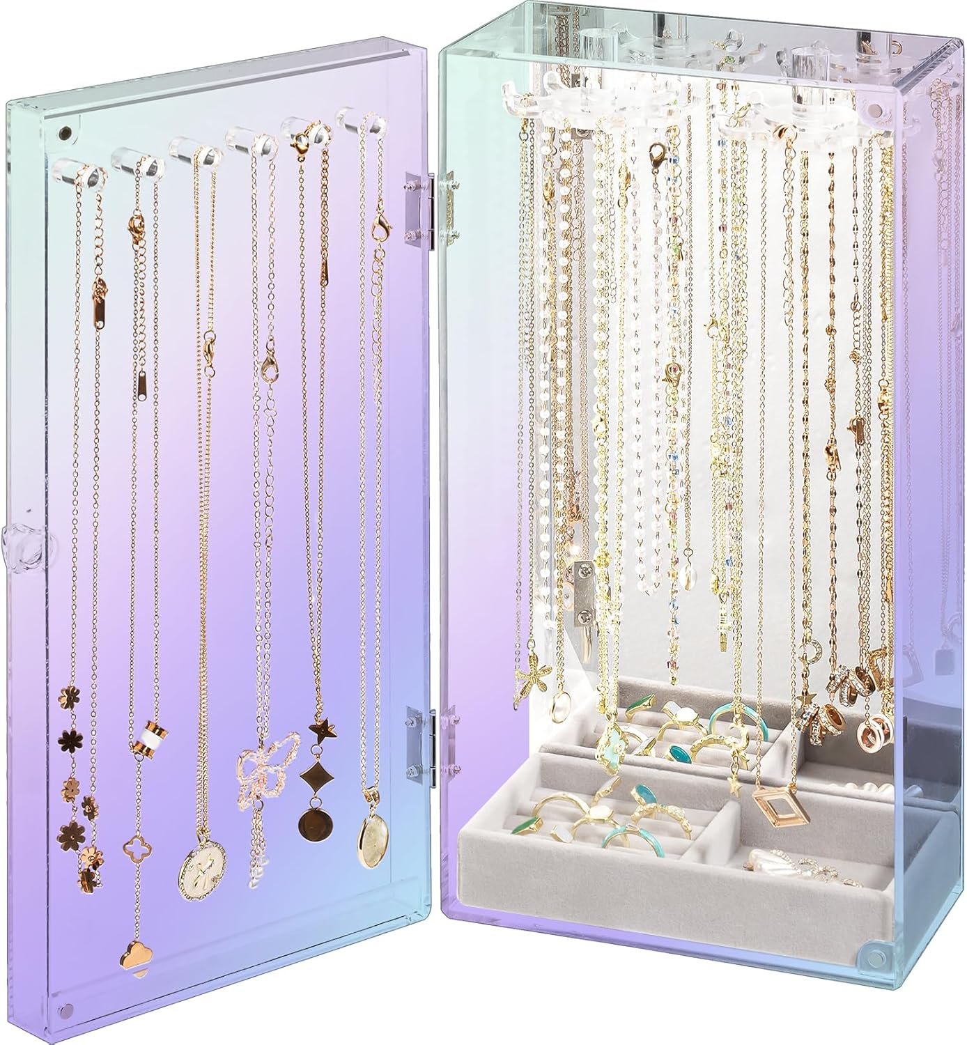 oem odm lolalet necklace holder organizer, acrylic jewelry organizer with 24 hooks, rotating clear necklaces display box with built-in mirror, dust-proof jewelry storage case with velvet tray -lasermirror factory & wholesale supplier