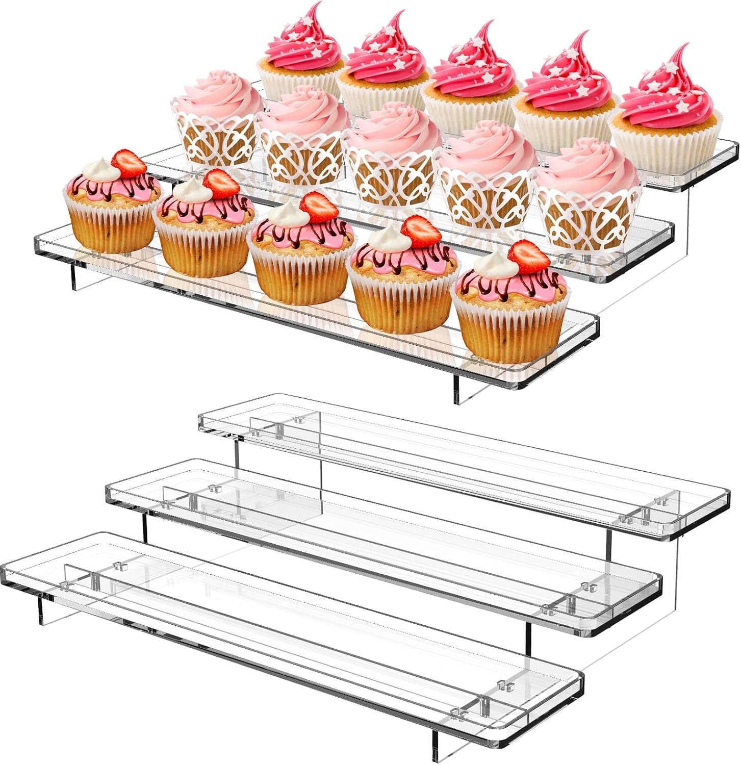 oem odm ulendis 2 pack 3 tier acrylic stands for display, 12 inch clear display stand risers shelf for cupcakes perfumes figurines, tabletop cupcake stand for decorating & organizing(11.8