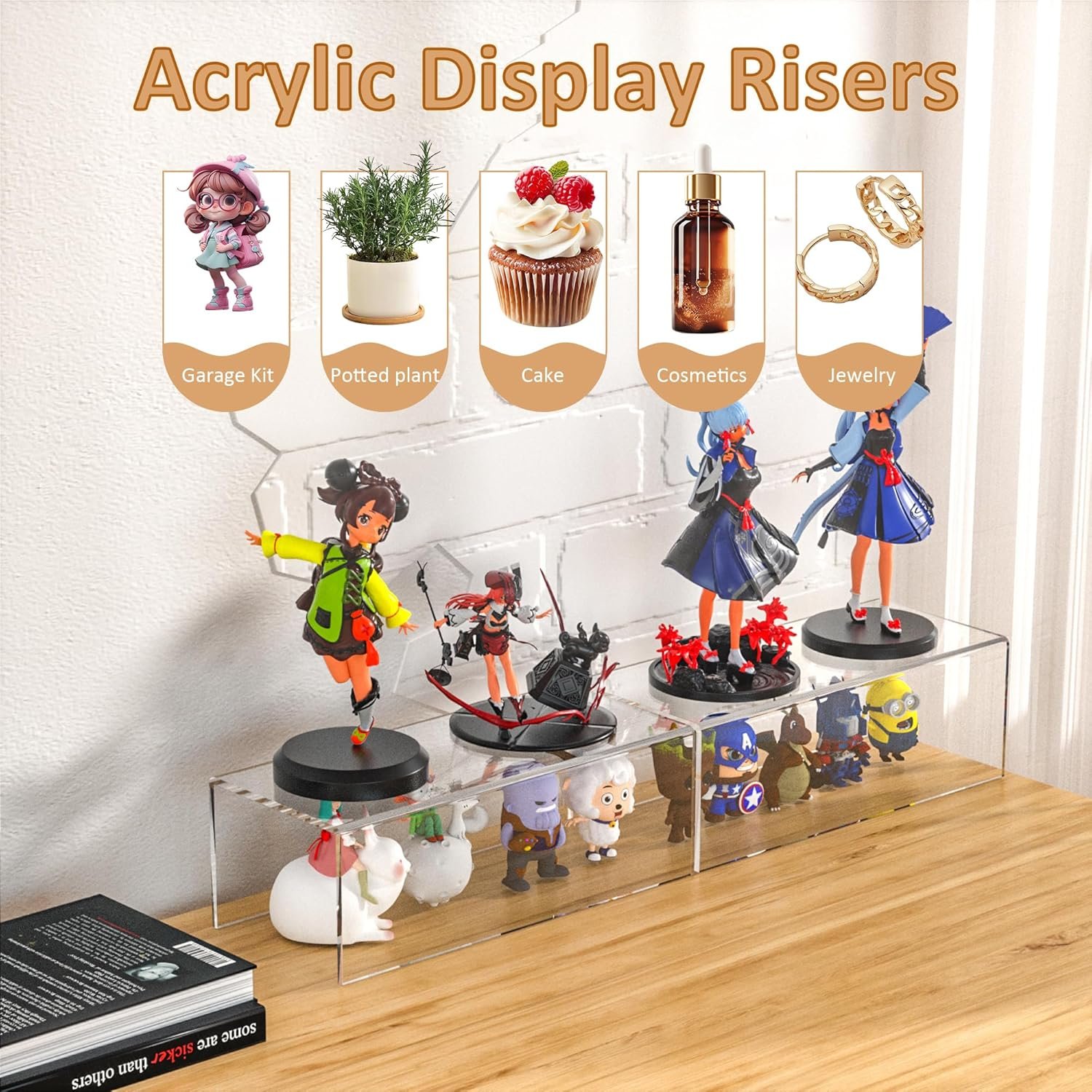 oem odm acrylic shelf riser 12x5.1x4 pack of 2, clear acrylic stand for funko pop, collectibles, brand store, home storage organizer, 12x5.1x4 inch factory & wholesale supplier