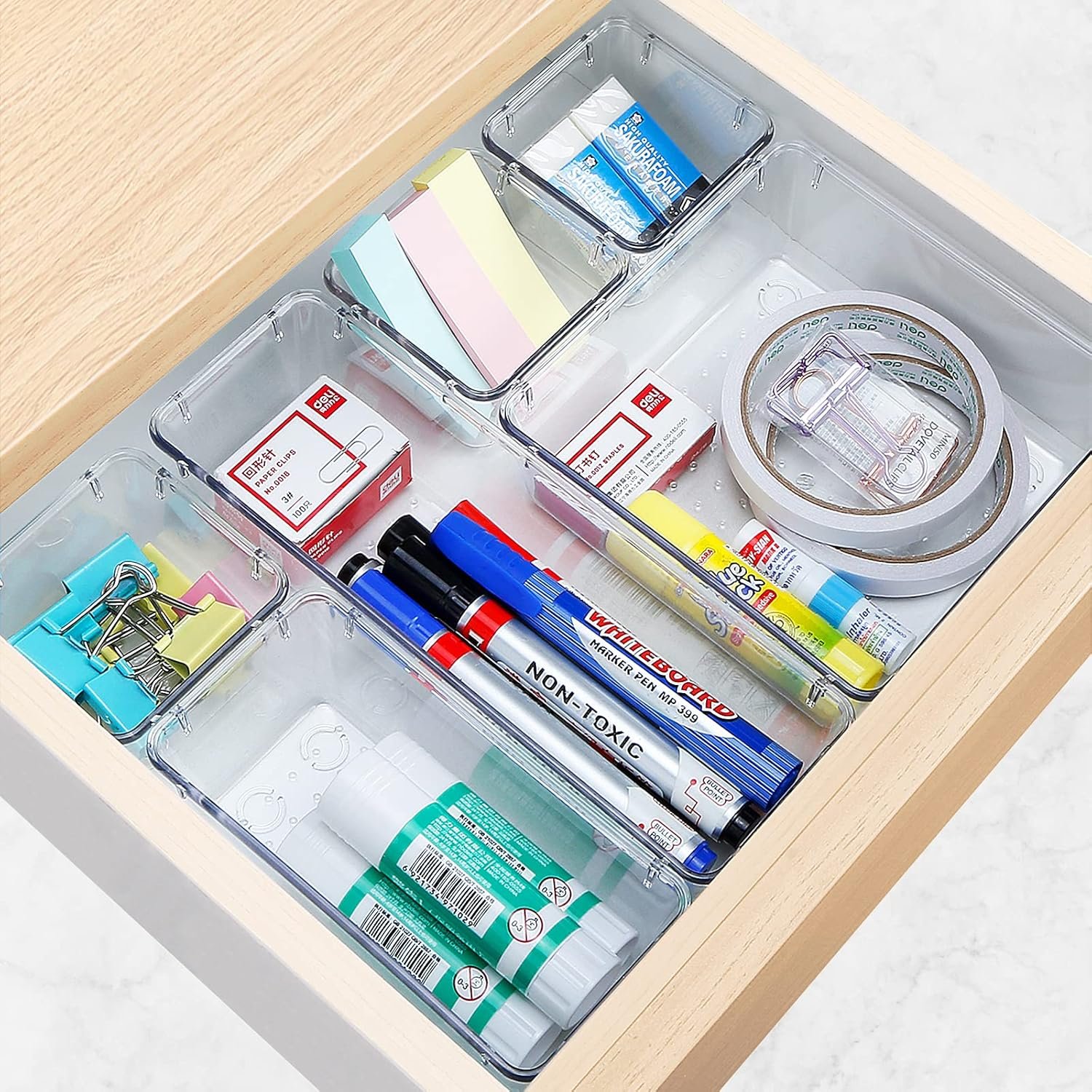 oem odm 16 pcs drawer organizer set, 5 varied size bathroom and kitchen drawer cabinet organizer trays, clear storage bins for makeup, jewelry, utensils and gadgets factory & wholesale supplier