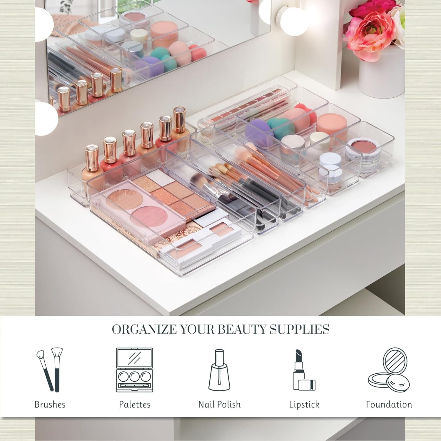 oem odm stori simplesort 10-piece stackable clear drawer organizer set | multi-size trays | makeup vanity storage bins and office desk drawer dividers | made in usa factory & wholesale supplier