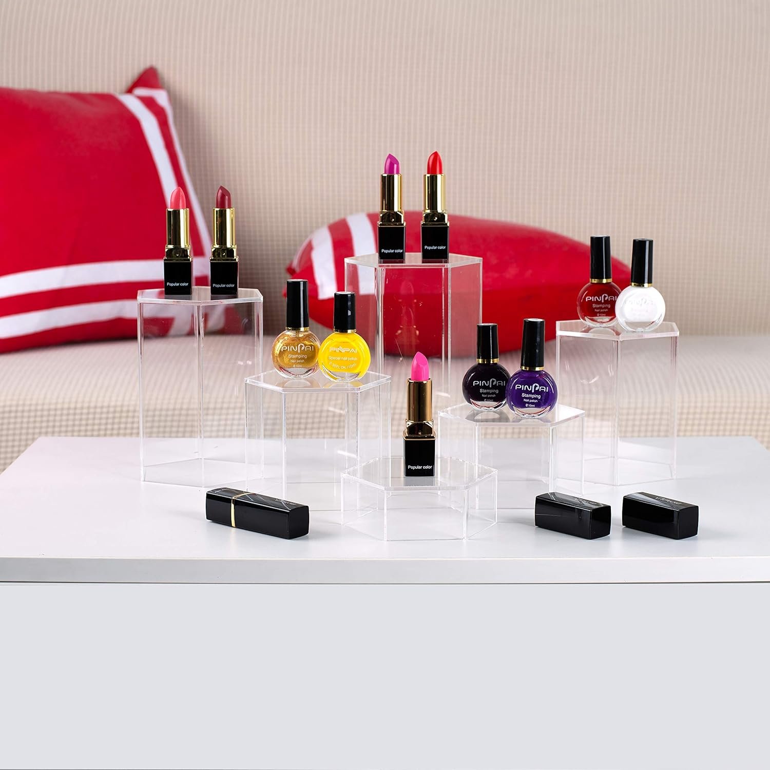 oem odm red co. crystal clear hexagonal acrylic jewelry figure showcase display riser stands with hollow bottoms | transparent - 6-pack factory & wholesale supplier
