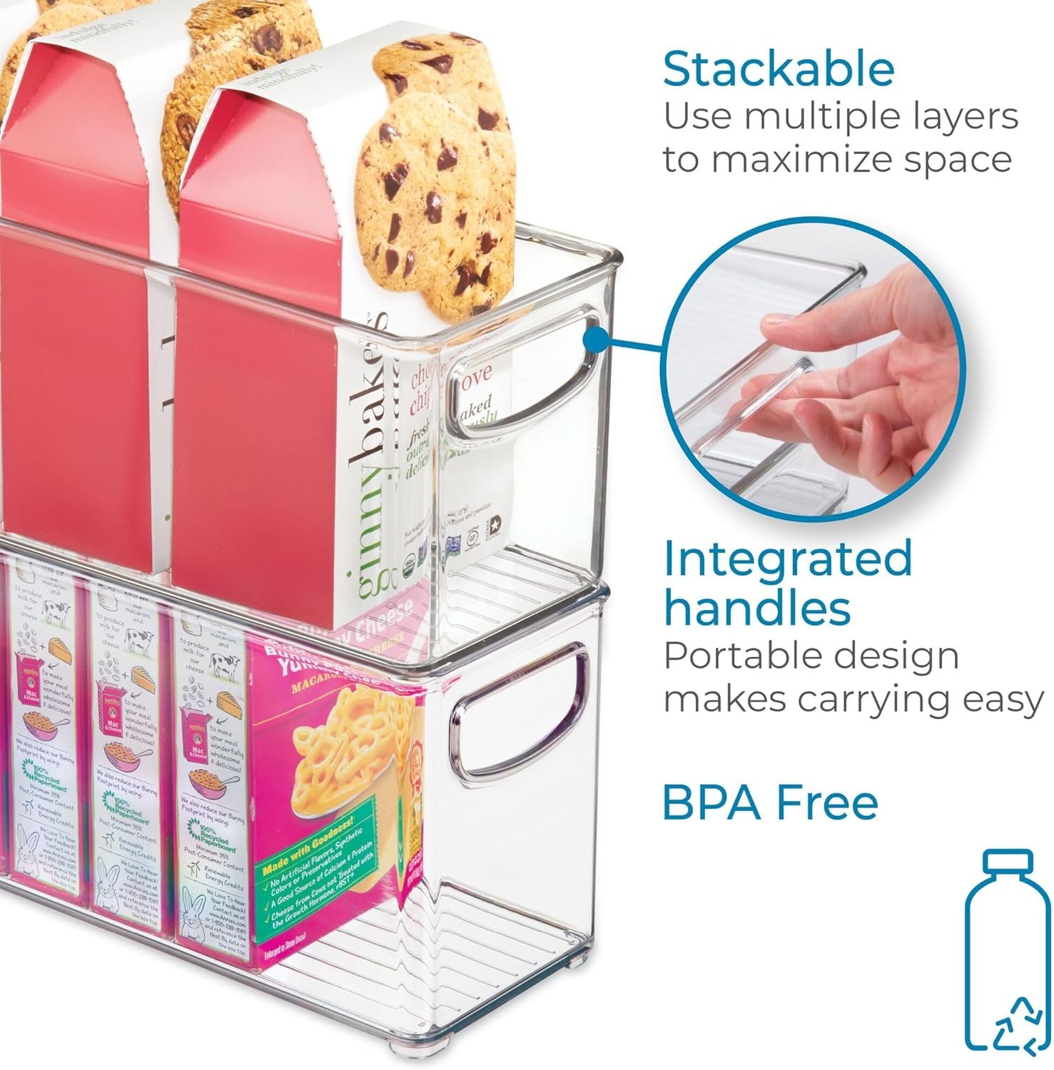 oem odm idesign stackable pantry bin with handles for kitchen, fridge, or freezer, clear, made in usa factory & wholesale supplier