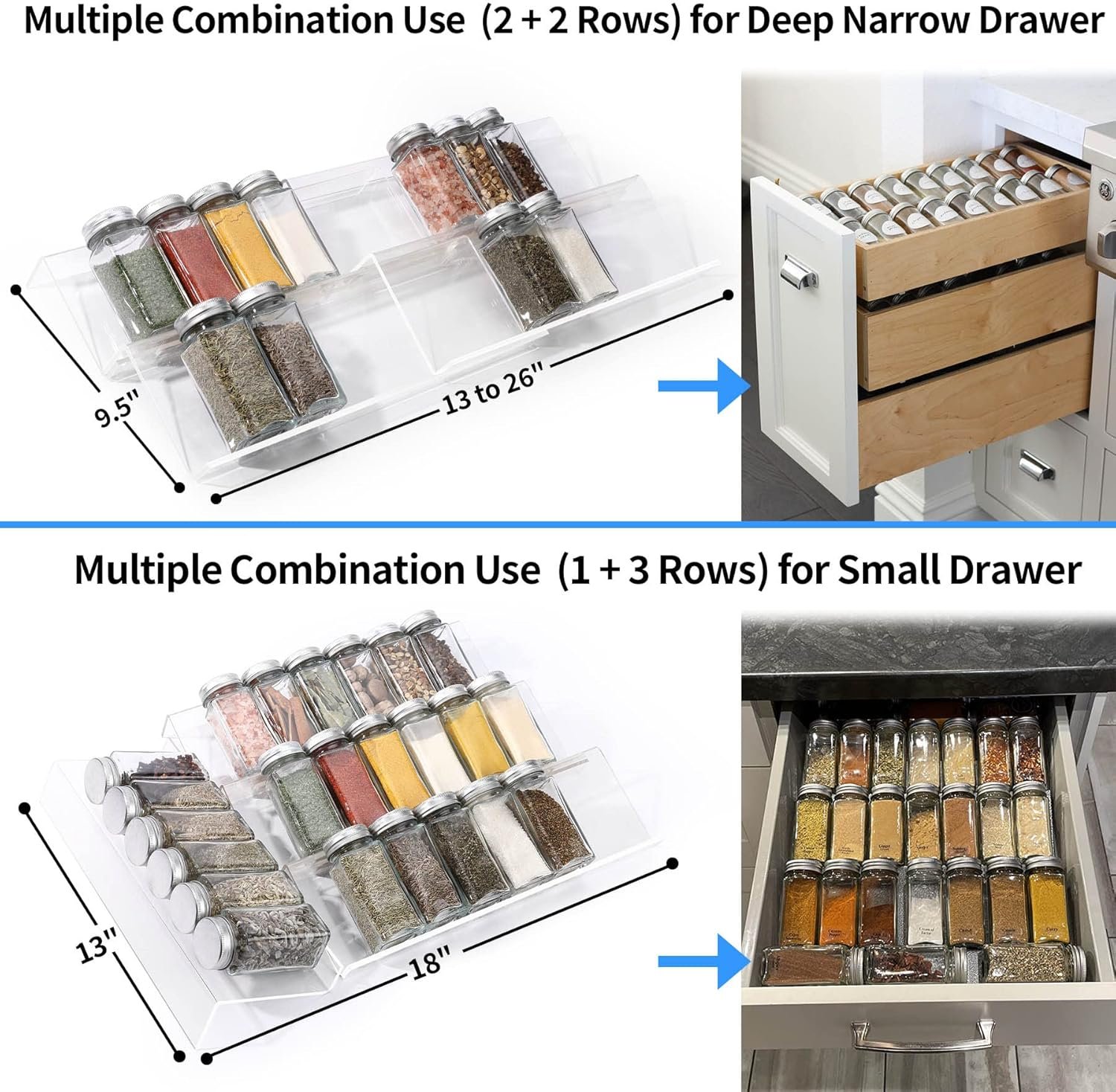 oem odm clear acrylic spice drawer organizer, 4 tier- 2 set expandable from 13
