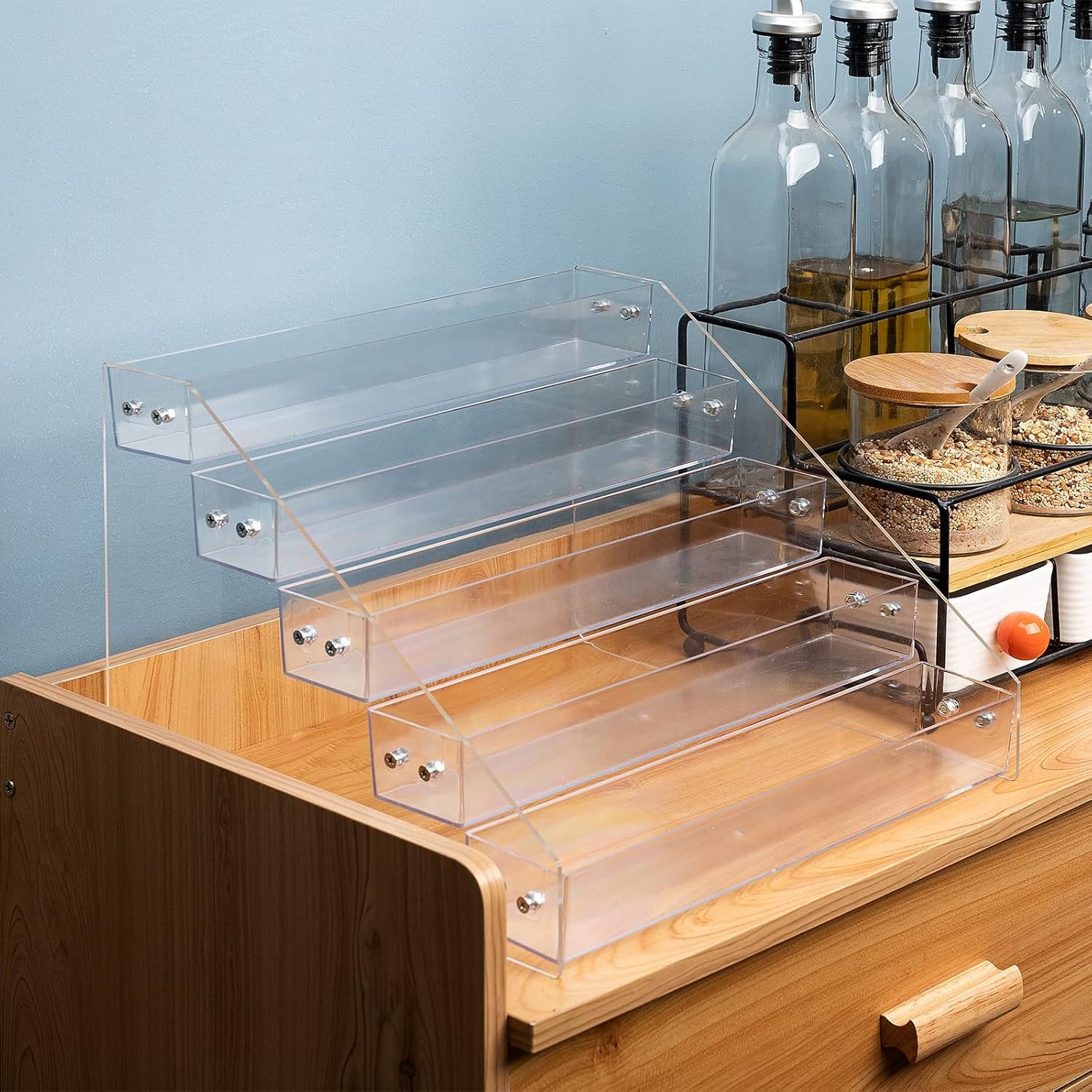 wholesale tiered spice rack acrylic, spice rack shelf seasoning organizer for countertop, cabinet, pantry, kitchen storage - 5 tier factory & supplier oem odm