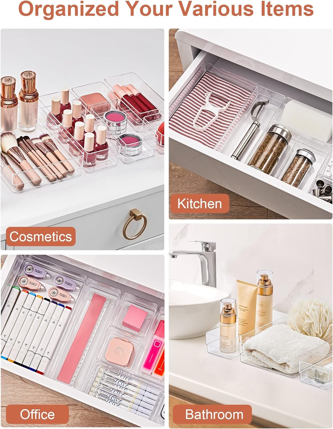 oem odm smartake 22-piece drawer organizer with non-slip silicone pads, 4-size clear desk drawer organizer trays storage tray for makeup, jewelries, utensils in bedroom dresser, office and kitchen, clear factory & wholesale supplier